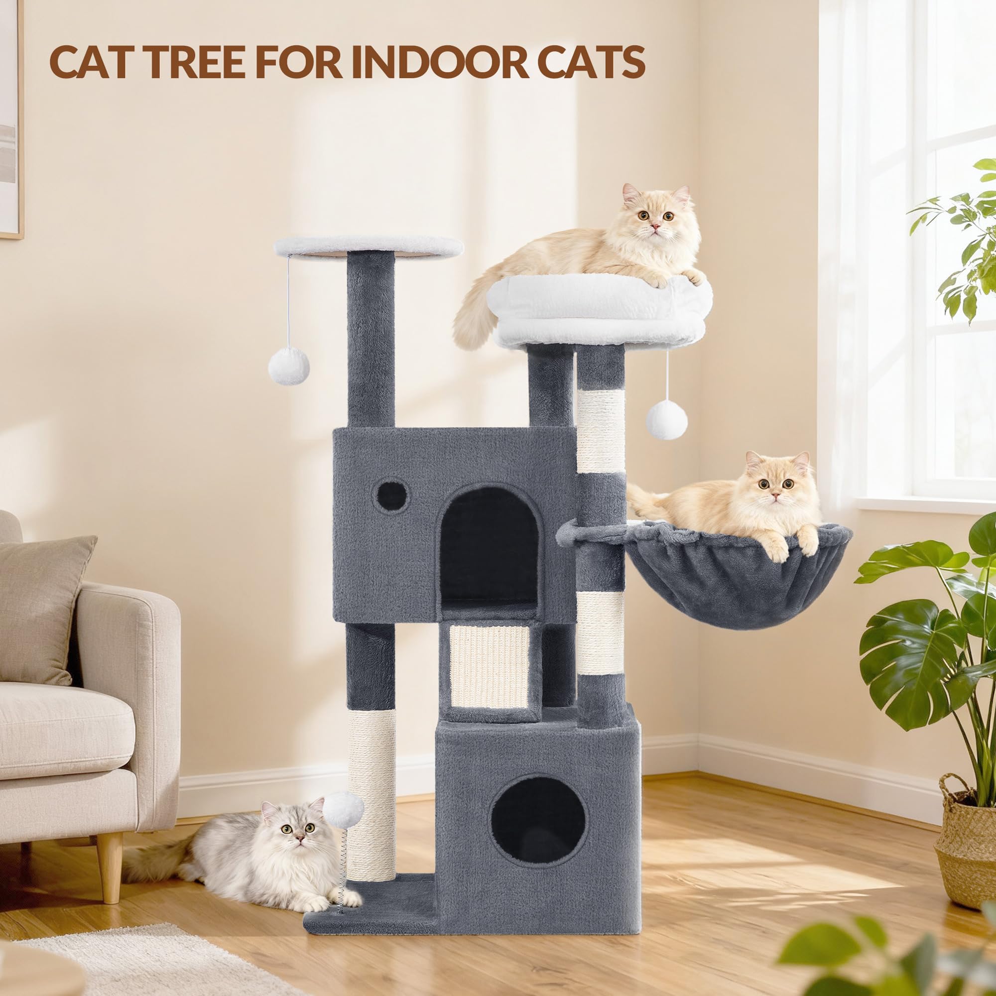 Kratzbaum für Indoor-Katzen, mehrstufiger Kletterturm mit Höhlen, Hängematte, Kratzbäume, interaktives Spielzeug, abnehmbares Kissen, 108 cm Höhe, Hellgrau