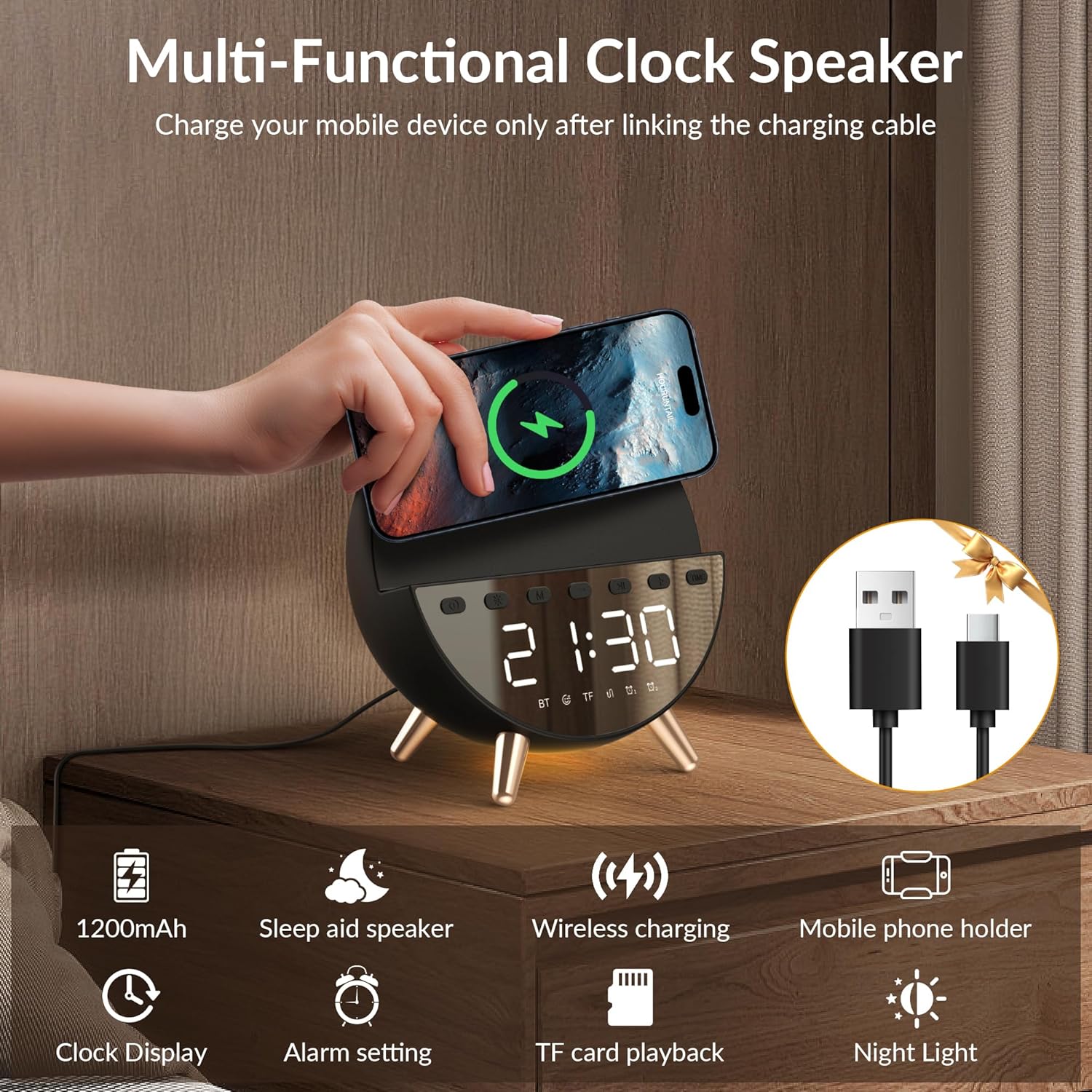 Digital Alarm Clock with 15W Wireless Charging with Warm White Light,5 Soothing Sound/White Noise,Dual Alarm Clock for Bedrooms Heavy Sleepers Adults/Kids (Black)