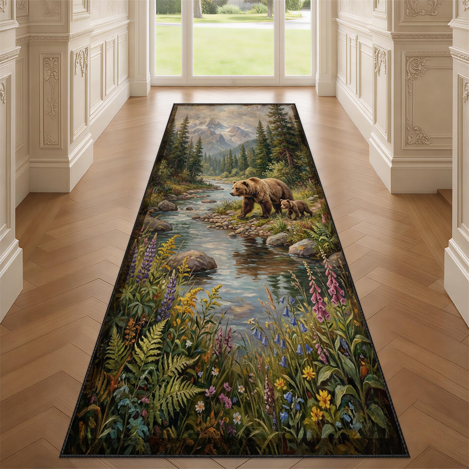 YEMYOR Rustic bear Runner Rug for Hallway, Lodge Cabin Bear Carpet Runner 120x360cm, Rustic forest Cabin Long Hall Carpet, Machine Washable, for Laundry Room Entryway Bedroom