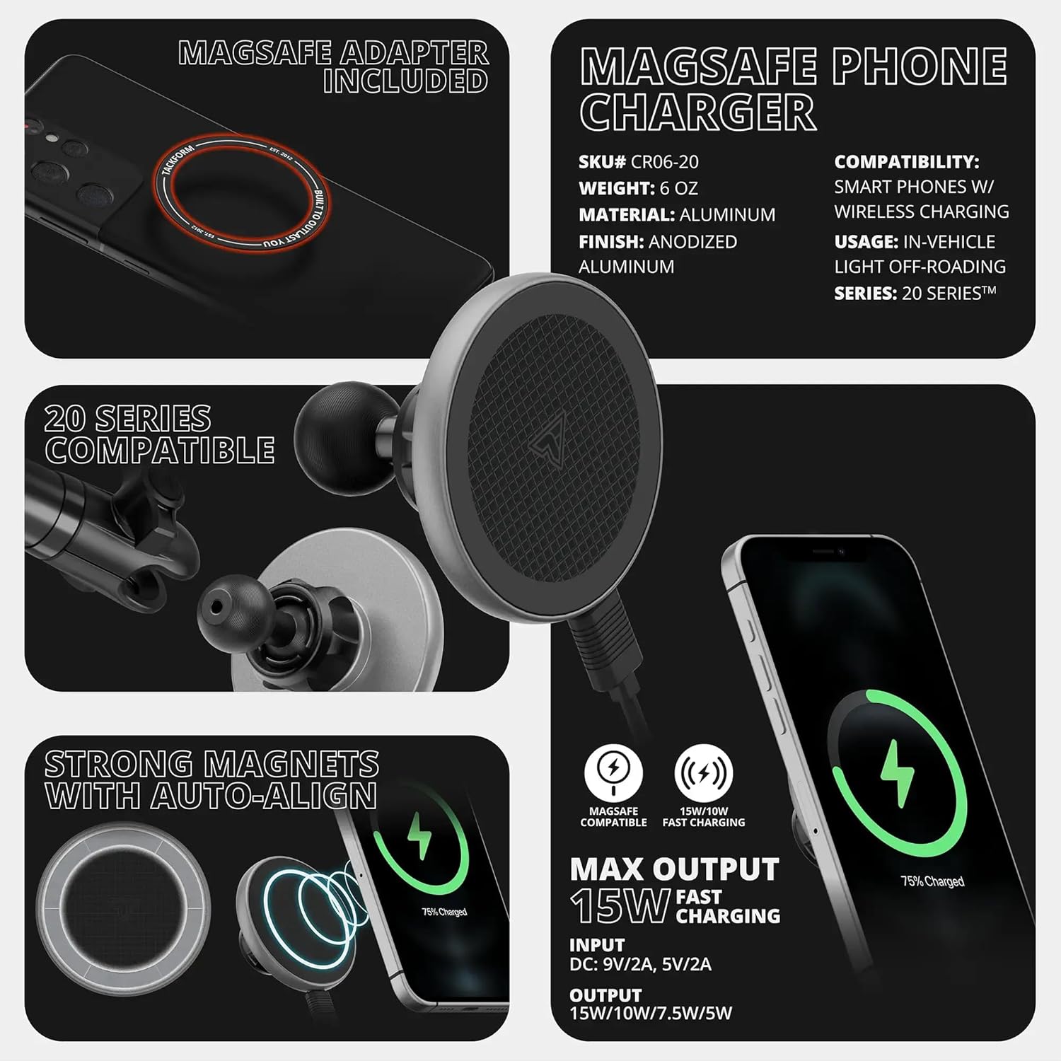 Tackform 20 Series Magnetic Wireless Charging Phone Holder components including the holder, adhesive metal ring, and charging cable, demonstrating MagSafe and non-MagSafe phone compatibility.
