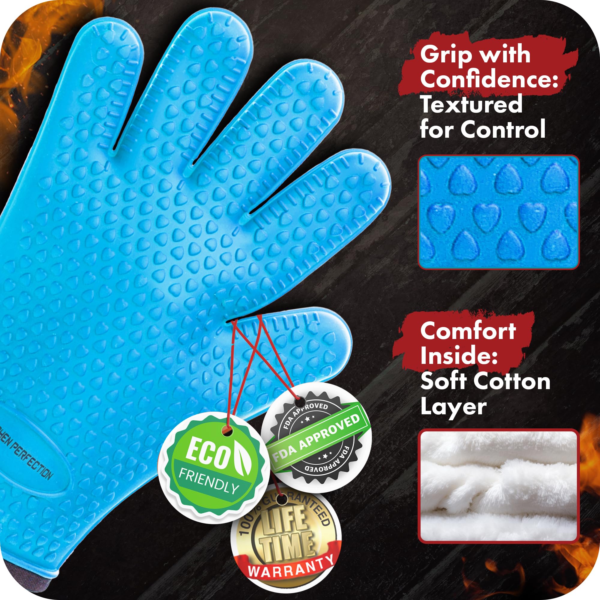 KITCHEN PERFECTION Guantes de silicona XL para horno y ahumador, guantes extremadamente resistentes al calor, maneja alimentos calientes directamente en tu parrilla, freidora y hoyo, guantes