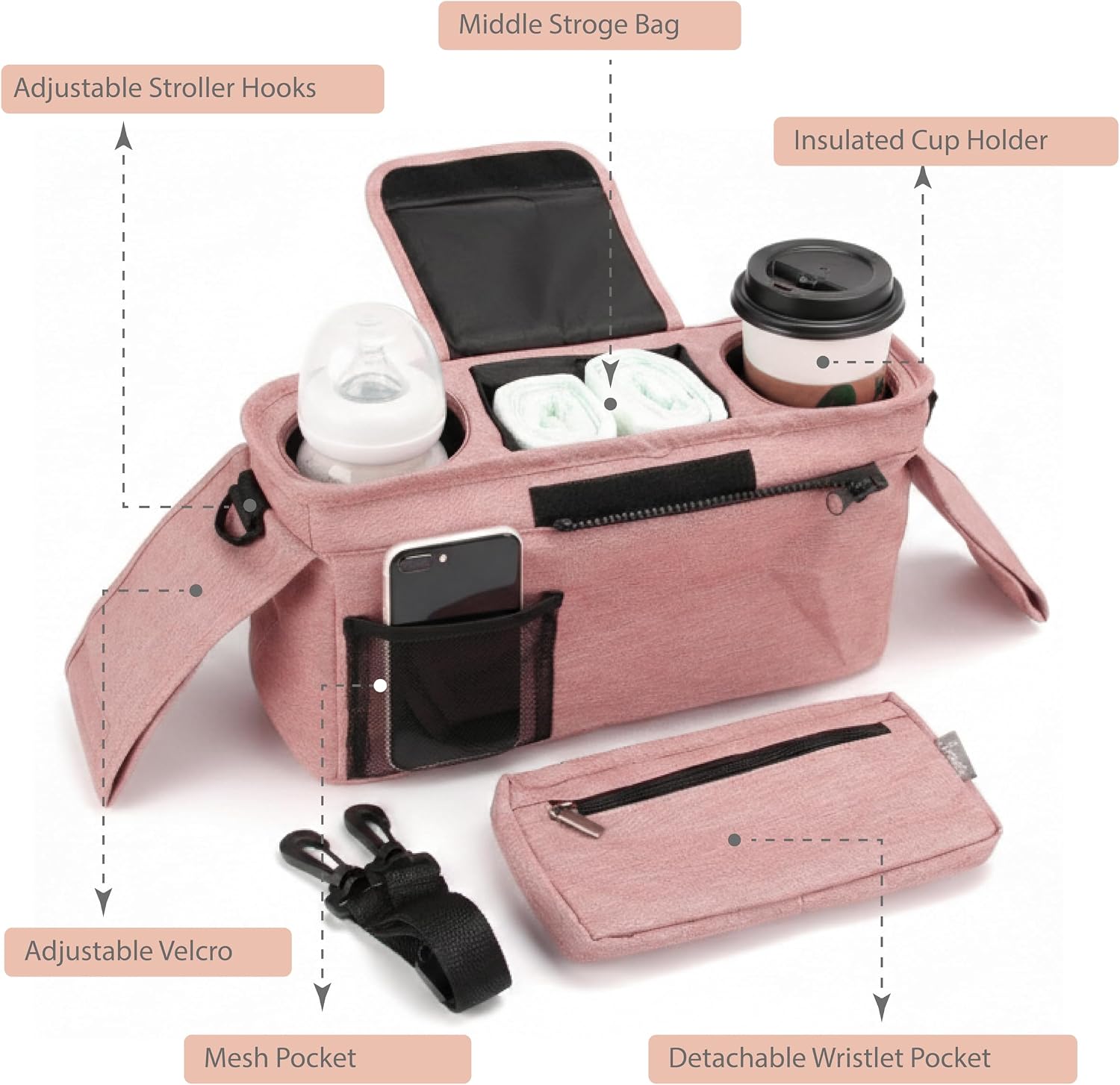 Universal Stroller Organizer, 2 Insulated Cup Holders, Pink | Stroller Caddy with Detachable Phone Bag & Shoulder Strap, Fits Most Strollers Like Uppababy, Baby Jogger, New Moms Gifts
