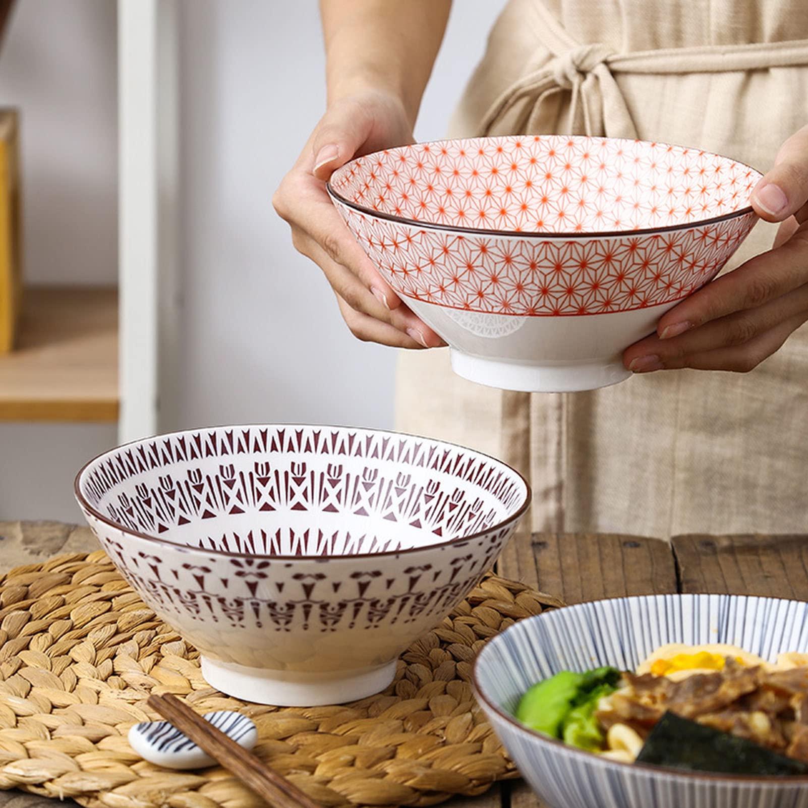 Conjunto de tazón de cerámica con fluidez, Cuencos de Sopa de época 30 oz para Cereales, Ensalada, Pasta, Sopa, lavavajillas Caja Fuerte de microondas - Conjunto de 4 (Multi)