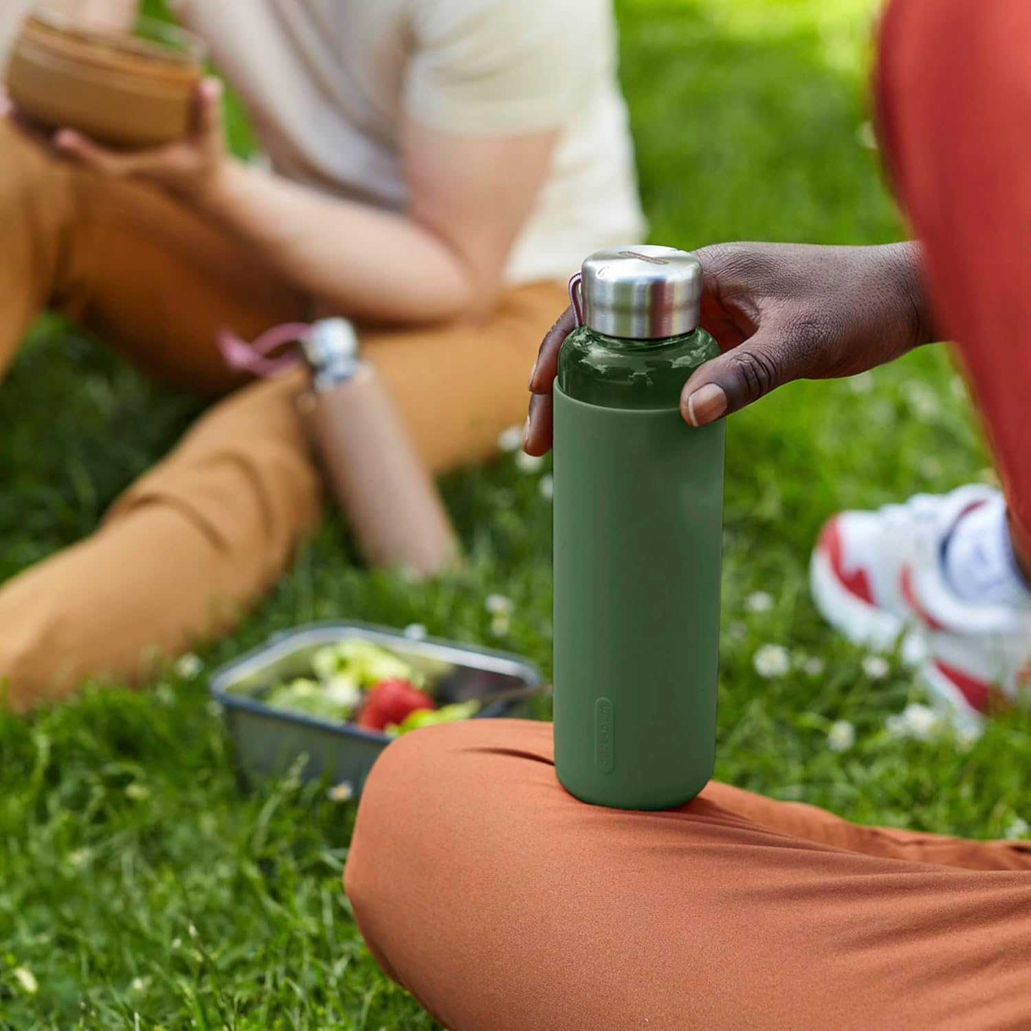 BLACK + BLUM Travel Glass Water Bottle | Lightweight, Leak Proof Flask w/ Protective Sleeve & Stainless Steel Lid | Hot or Cold Drinks for Travel, Office & School for All Ages | Olive, 20 oz / 600 ml - Image 3