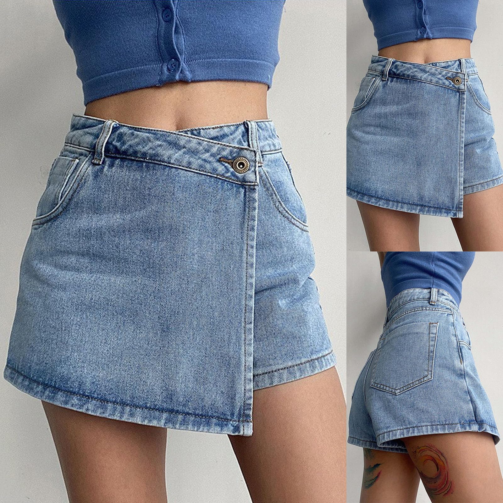 Generisch Short Jean Femme Taille Haute Ample Jupe-Culotte Style Jupe Effet Superposé Short en Jean Évasé Décontracté Mode Été Plage Vacances Ville Quotidien Confortable Tendance, Bleu, 4XL