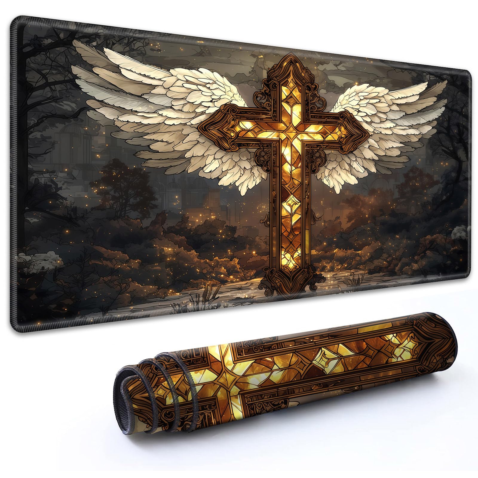RMJKXQZG MTG Playmat 27.5" x 15.74" with High Elastic Rubber Base Non-Slip Rubber HD Fade-Resistant Printing Durable TCG Gaming for Card Games Desk Mat & Mouse Pad, Angel Winged Stained Glass Cross
