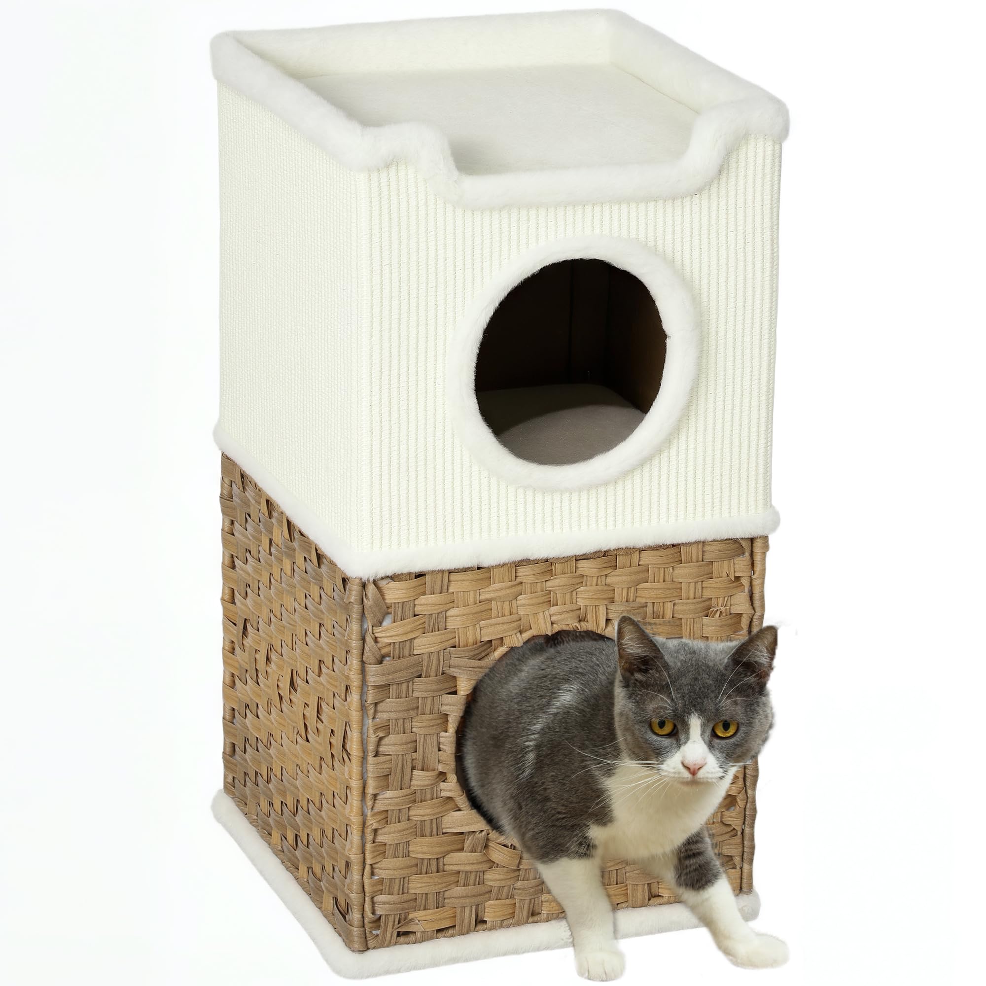 PawHut Niche pour Chat d'intérieur à 3 Niveaux avec Plateau supérieur Ouvert, Tour pour Chat, tonneau à gratter en sisal pour Animaux jusqu'à 6 kg, 41 x 41 x 75,5 cm, crème