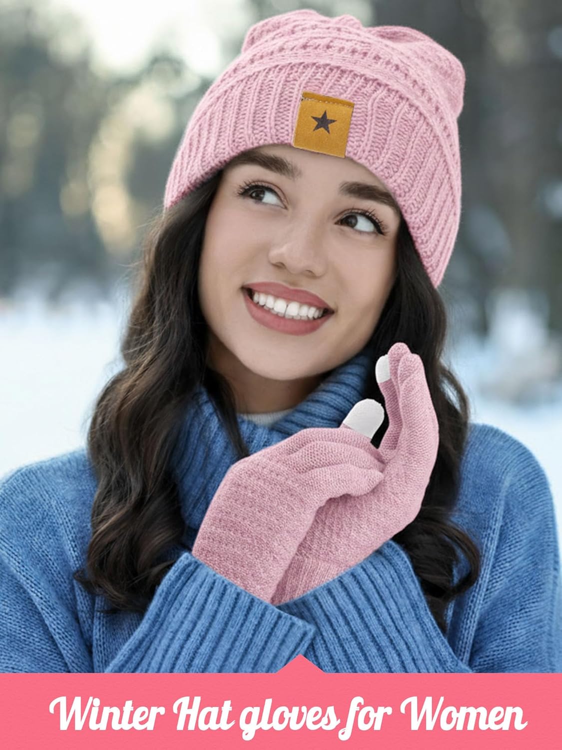 JaGely 6 Pcs Women Winter Beanie Hat Gloves Set Warm Knitted Hats and Touchscreen Gloves Lady Cold Winter Gifts for Christmas