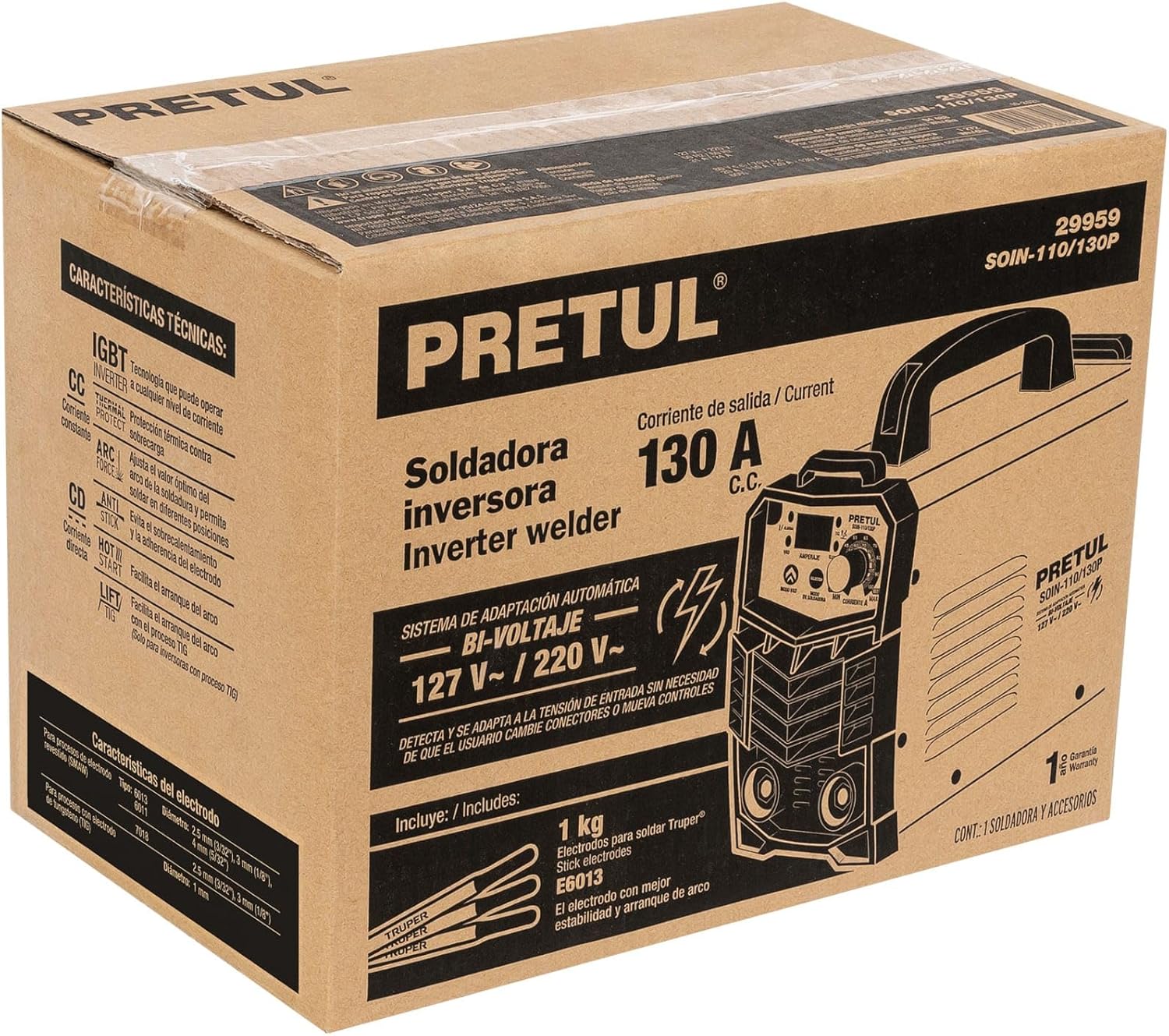 Table showing compatible electrode types and sizes for 1-phase and 2-phase operation for SMAW and TIG welding