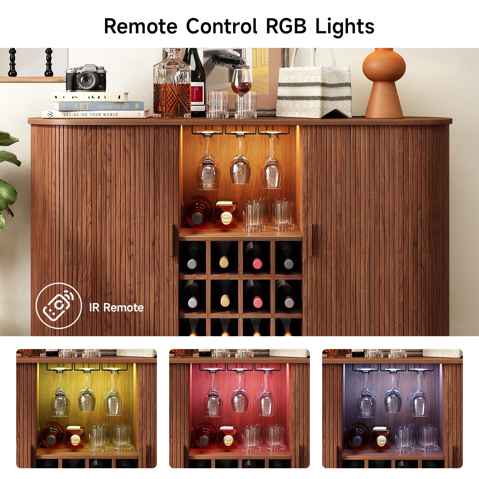 ONBRILL Armadietto da bar con luce a LED, moderna stazione per liquori, whisky, caffè, con portabottiglie e supporto per bicchieri, credenza da buffet per casa, soggiorno, cucina, ingresso (noce)