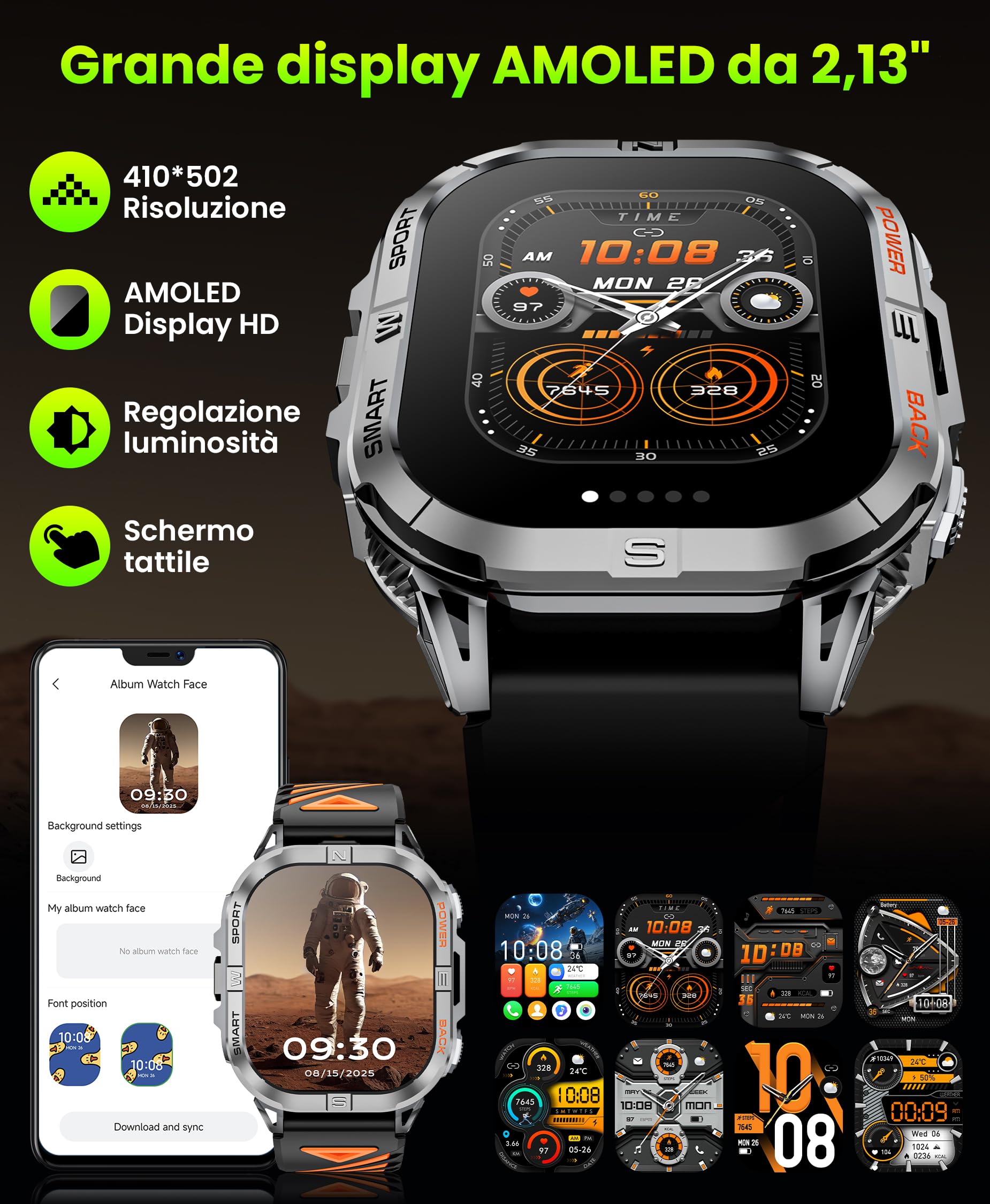 Joautrial GPS Smartwatch Uomo, 2,13" AMOLED Militare Orologio con LED Torcia, Bussola,100+ Modalità Sportive, Monitoraggio della Salute, Chiamate Bluetooth per Android iOS (Nero)