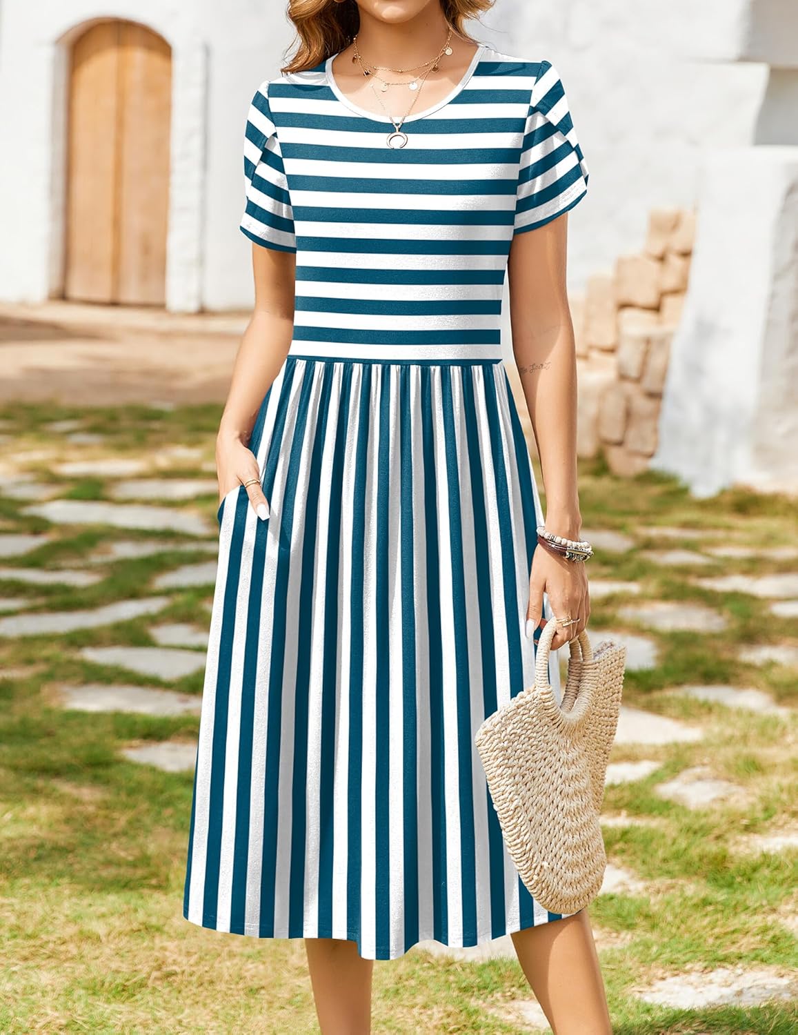 Zeagoo Women Summer Short Sleeve Midi Dress with Pockets Casual Aline Flowy Tshirt Dress Floral Vocation Beach Sundress - Image 2