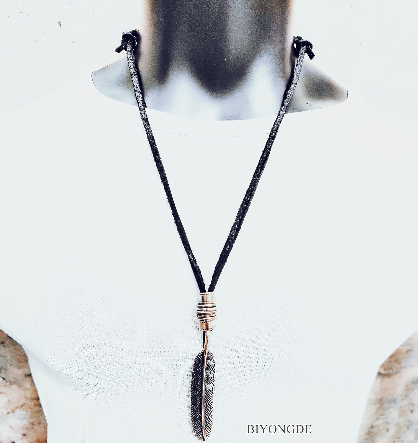 Vintage Feather Leaf Pendant Necklace, Adjustable Black Leather, Men Women, Tribal Ethnic Folk - Image 4