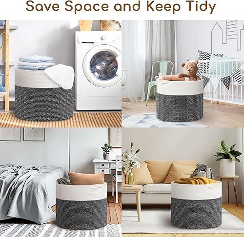 Miniatura 4 de Cesta de cuerda de algodón extragrande de 24 x 24 x 17.3 pulgadas para sala de estar, canasta tejida para ropa sucia para bebé con asas, contenedor