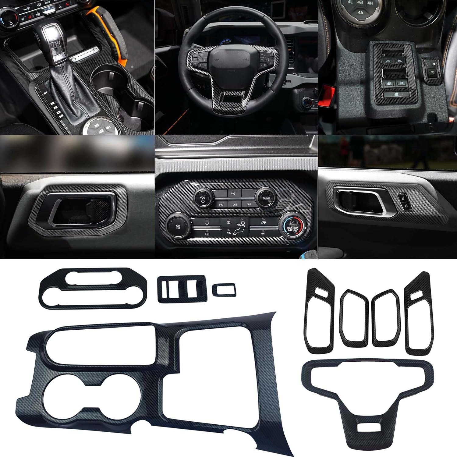 9 pcs Compatible with Ford Bronco Accessories 2021-2024 Interior Trim Accessories,Gear Shift Box Panel,Window Lift Switch Panel,Air Conditioning Switch Panel (Carbon Fiber)
