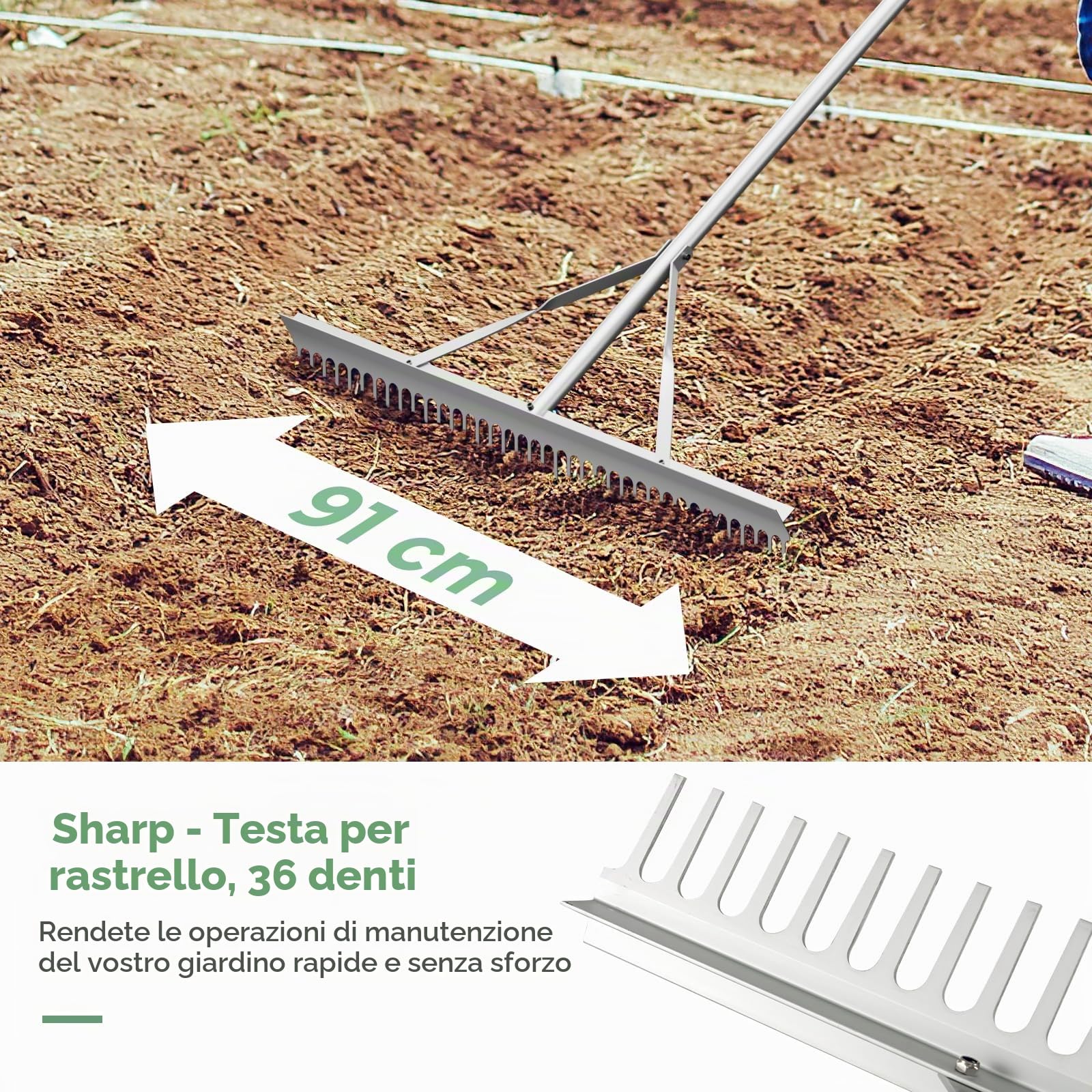 SOARS Rastrello da Giardino in Alluminio con Manico Lungo 174 cm, Rastrello da Prato Largo 91 cm con 36 Denti Rigido per Paesaggio, Ideale per Foglie, Erbacce, Terreno e Detriti (Stile B)