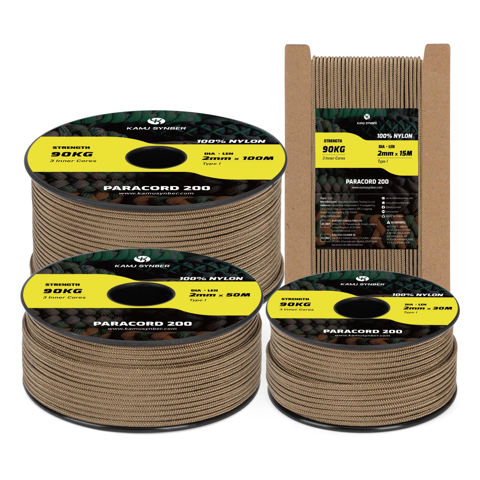 Kamu Synber Paracord 2mm 3 Strands 50M 100% Nylon Rope Type I Parachute Cord for Craft, Outdoor, DIY, Camping | Support 90kg | Mud Brown