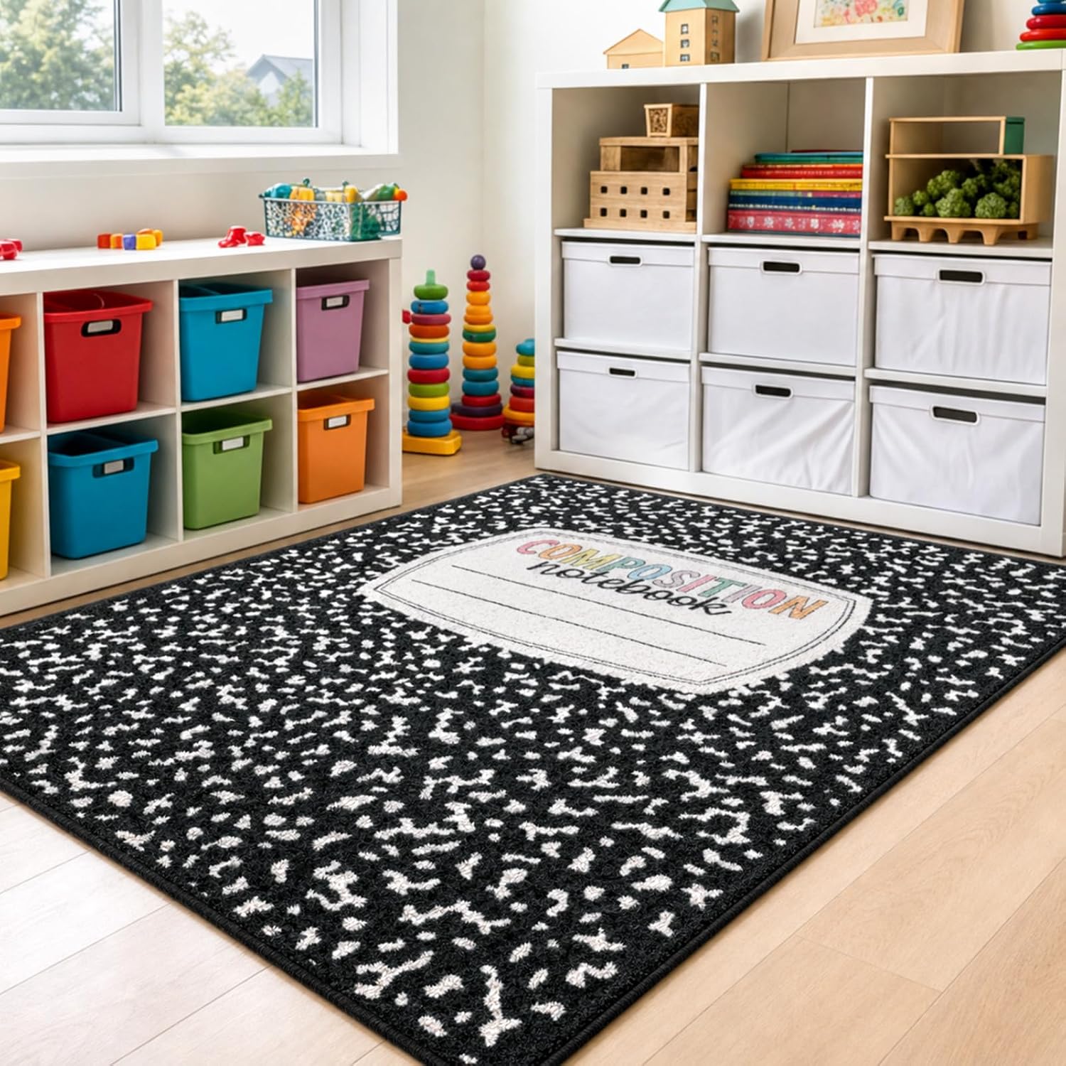 3.3x4 ft Composition Notebook Classroom Rug Educational Area Rug Back to School Floor Mat Composition Notebook Classroom Decor Non-Slip Play Carpet for Nursery Playroom Bedroom Living Room