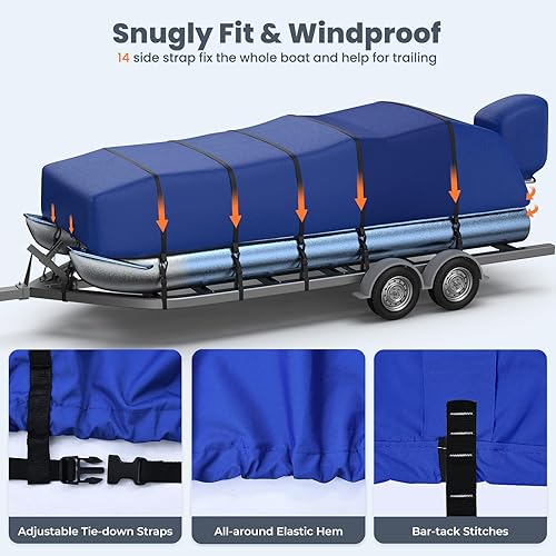 Vista 41 de RVMasking Cubierta para barco pontón con cubierta de motor, 1400D resistente reforzada, cubierta impermeable de grado marino para lancha de Azul