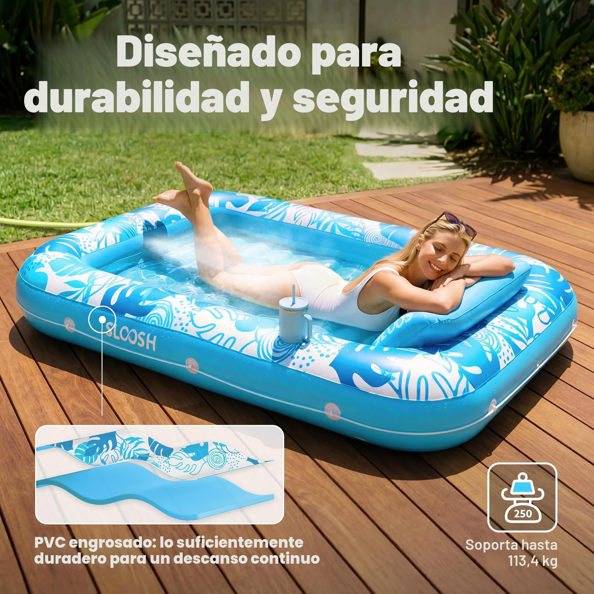 Flotador inflable de piscina de bronceado Sloosh, balsa de bronceado para adultos, flotador de piscina, balsa para tomar el sol, tumbona de bronceado inflable para piscina, cama de bronceado para