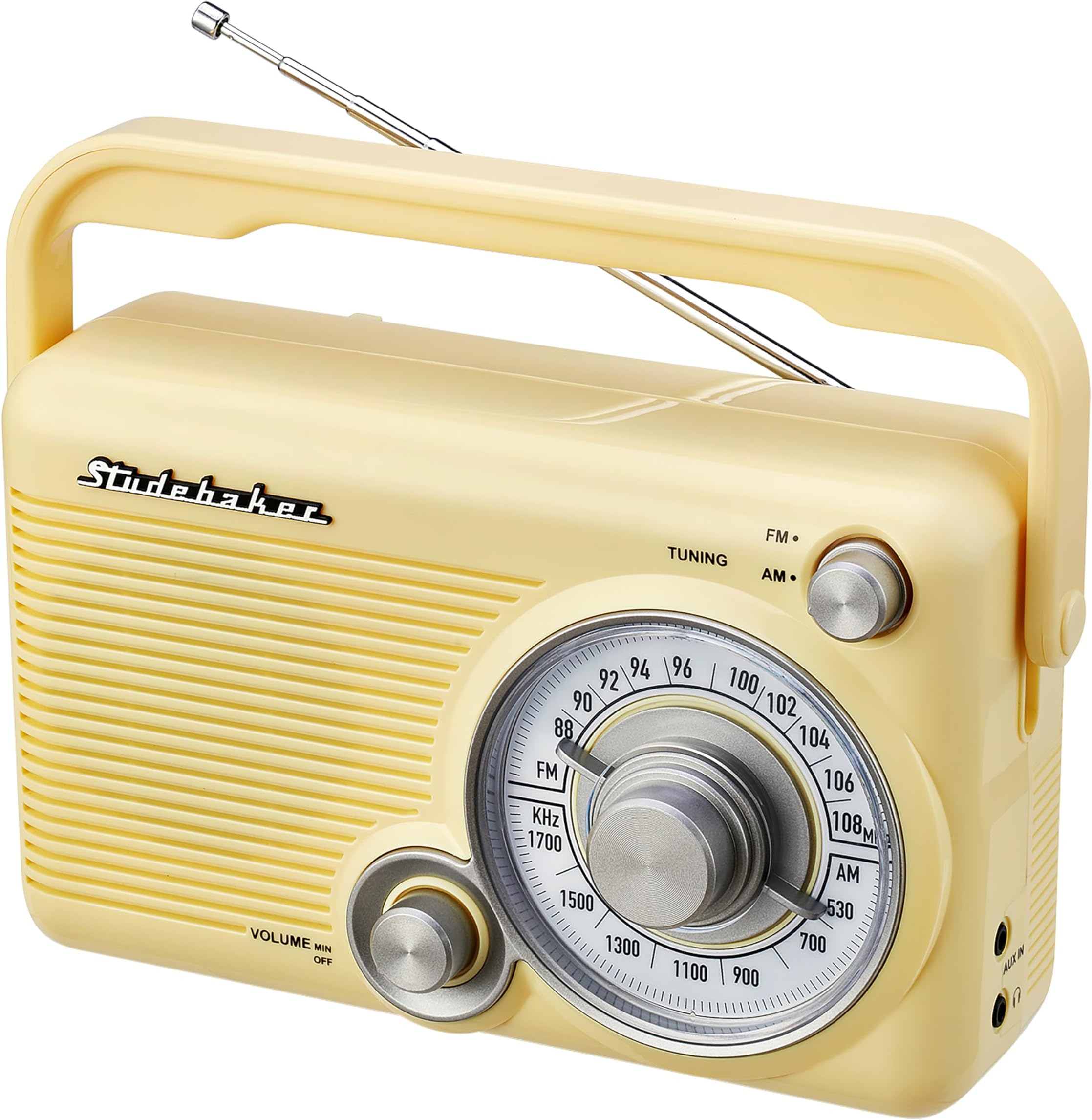 StudebakerSB2002YL Portable AM/FM Radio with Headphone Jack and Aux-in Jack with AC/DC Power (Yellow)