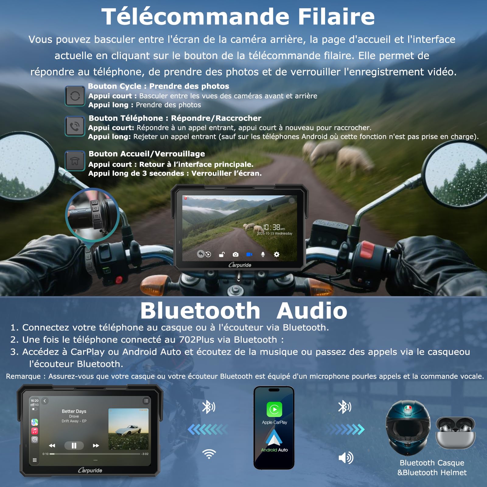 Carpuride W702 Plus Android Moto Carplay Écran Double Caméra Audio BT | Sans Fil CarPlay et Android Auto, écran Tactile étanche 7", Enregistrement en Boucle, Navigation en Ligne/Hors Ligne.