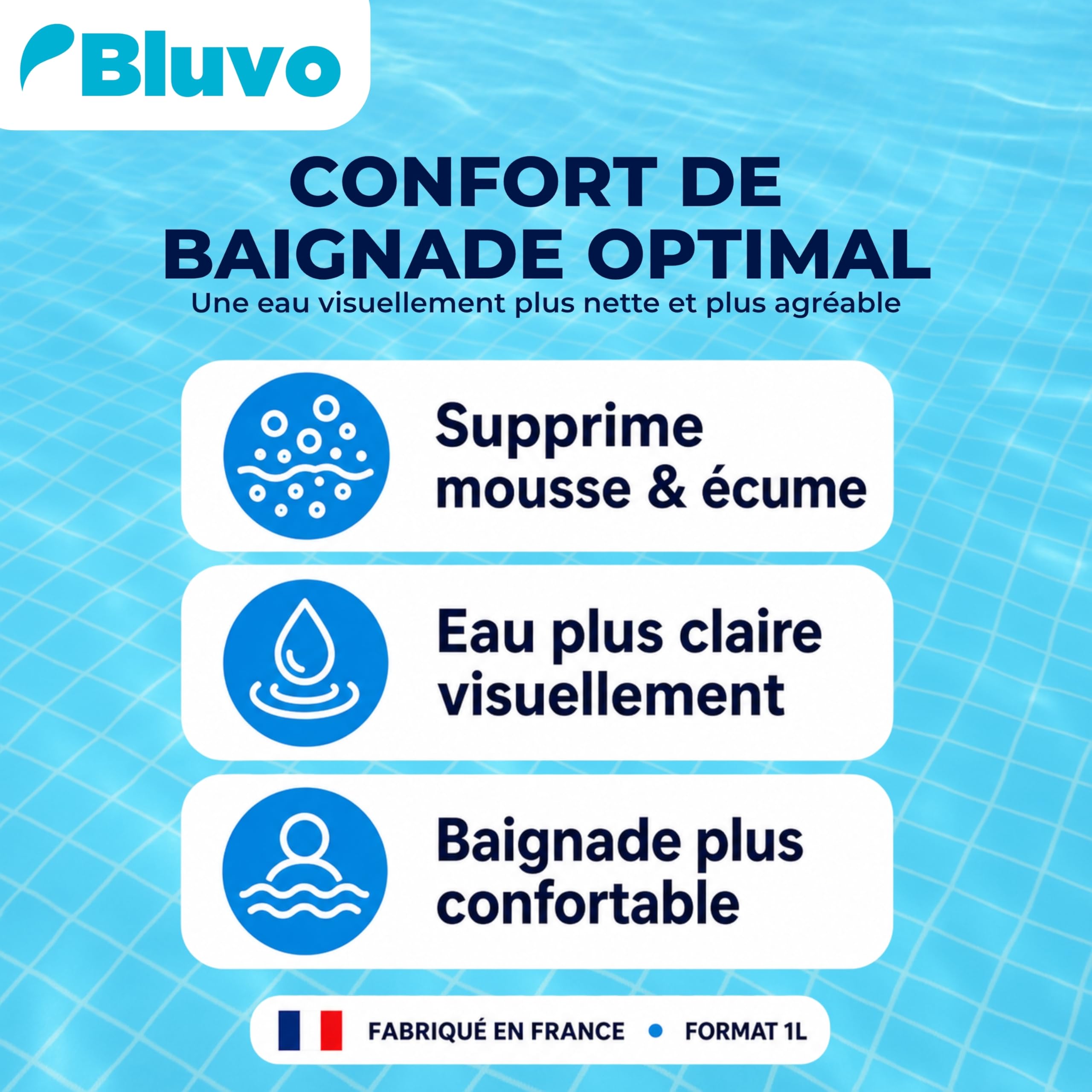 Bluvo Anti Mousse et Écume pour Spa – Élimination Rapide | Produit d’Entretien 1L | Fabriqué en France