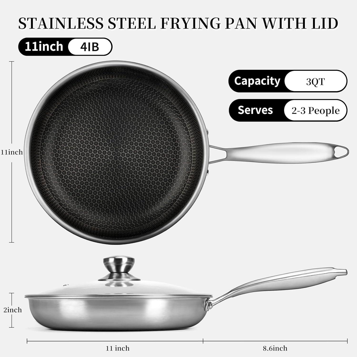 Stainless Steel Frying Pan with Lid - 11 Inch Nonstick Frying Pan with Lid, Honeycomb Stainless Steel Skillet Omelet Chef's Pan with Stay Cool Handle, Induction Compatible, PFOA Free - Image 2