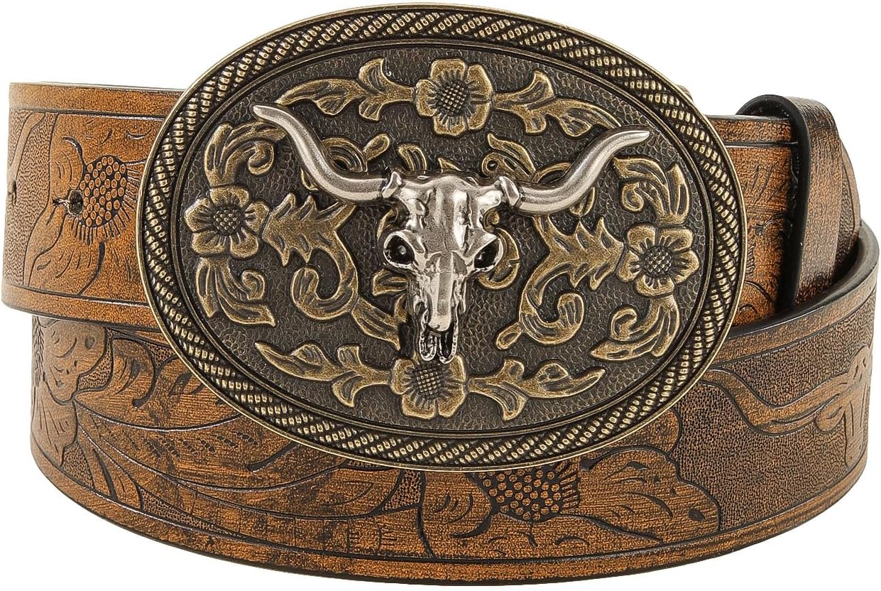 BEAUDRM Women's Retro Vintage Western Country Belt Metal Buckle Faux Leather Floral Waist Belts