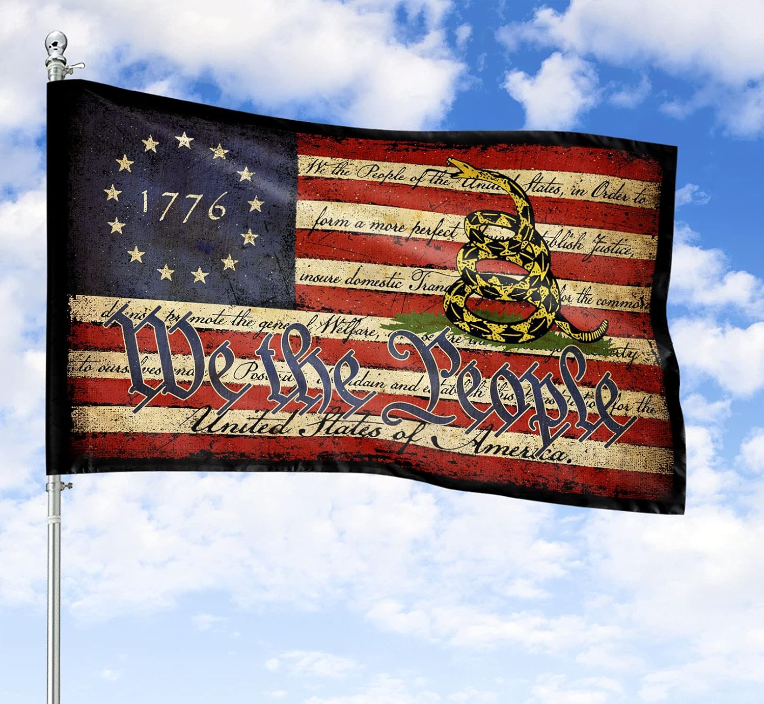 We The People Gadsden Flag, United States 1776 Vintage Indoor Outdoor Flag 2-sided 36" x 60" (3x5 ft)