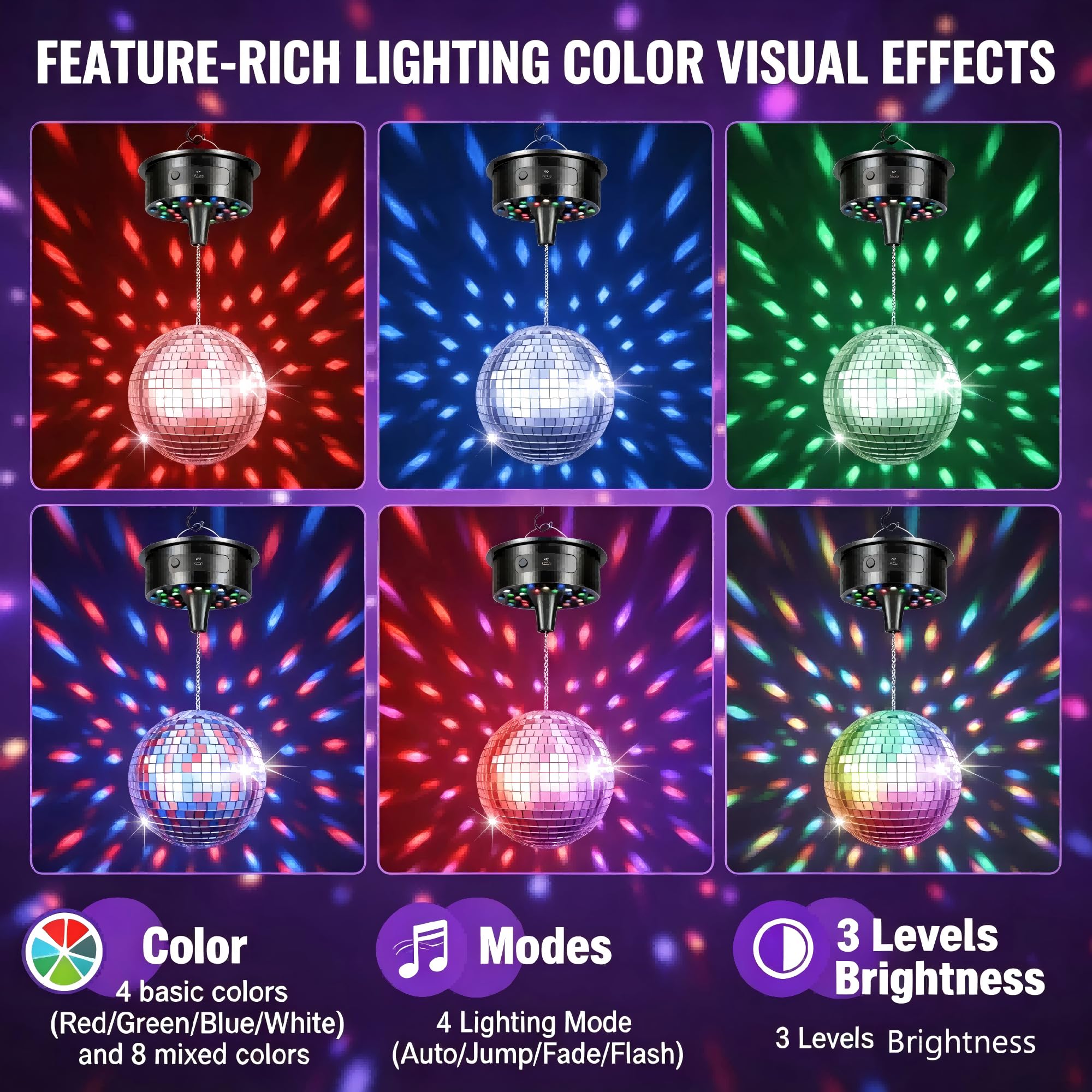 Moteur Boule Facettes 0-15 RPM 6 vitesses, LED & Télécommande pour Fête