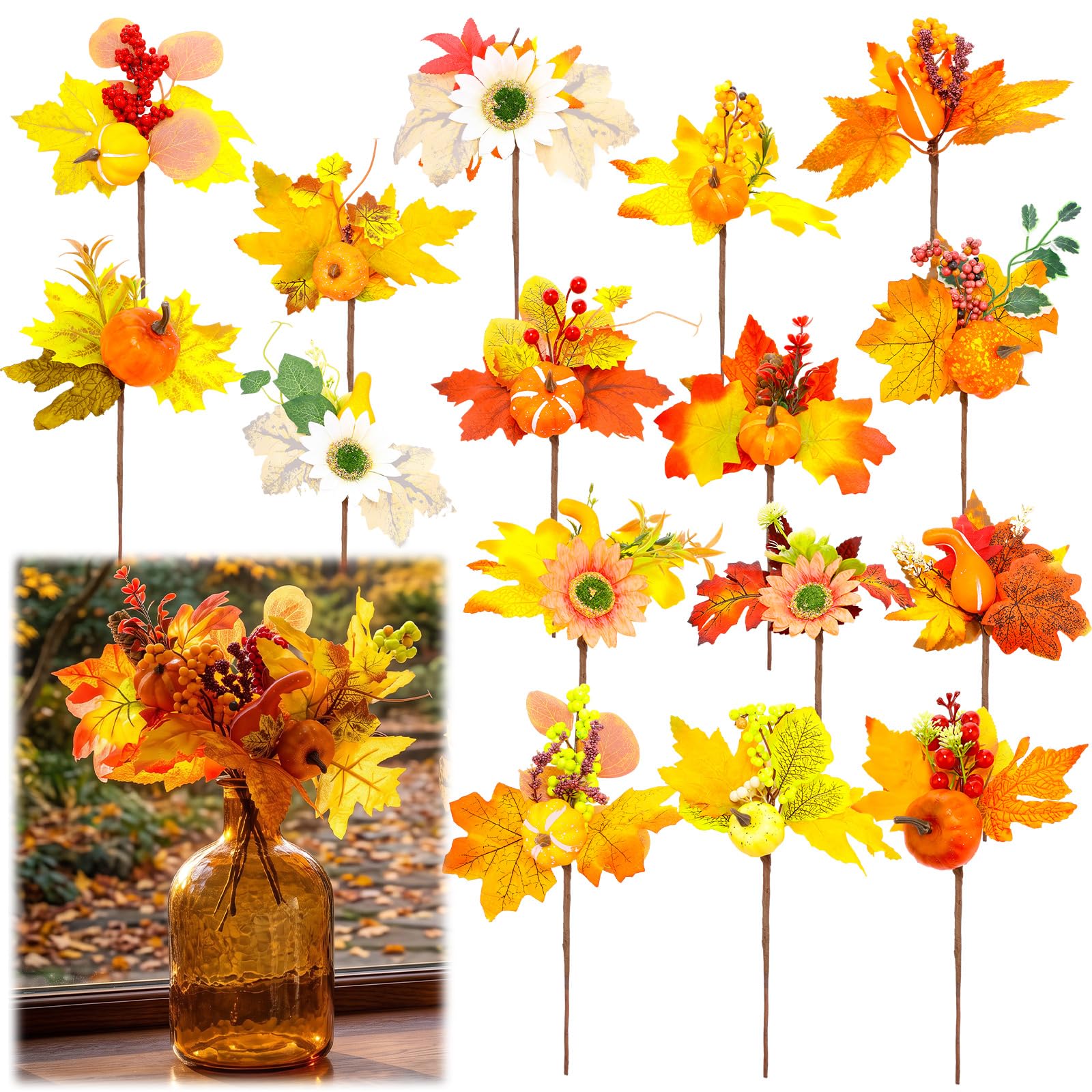 16 Pcs Fall Flower Pick, Artificial Floral Leaf Stem, 12 Inch, Pumpkin