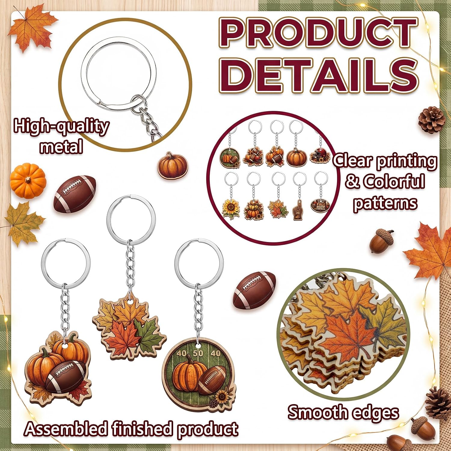 Amyhill 50 Sets Fall Football Keychains Bulk, Autumn Themed Wood Keychain