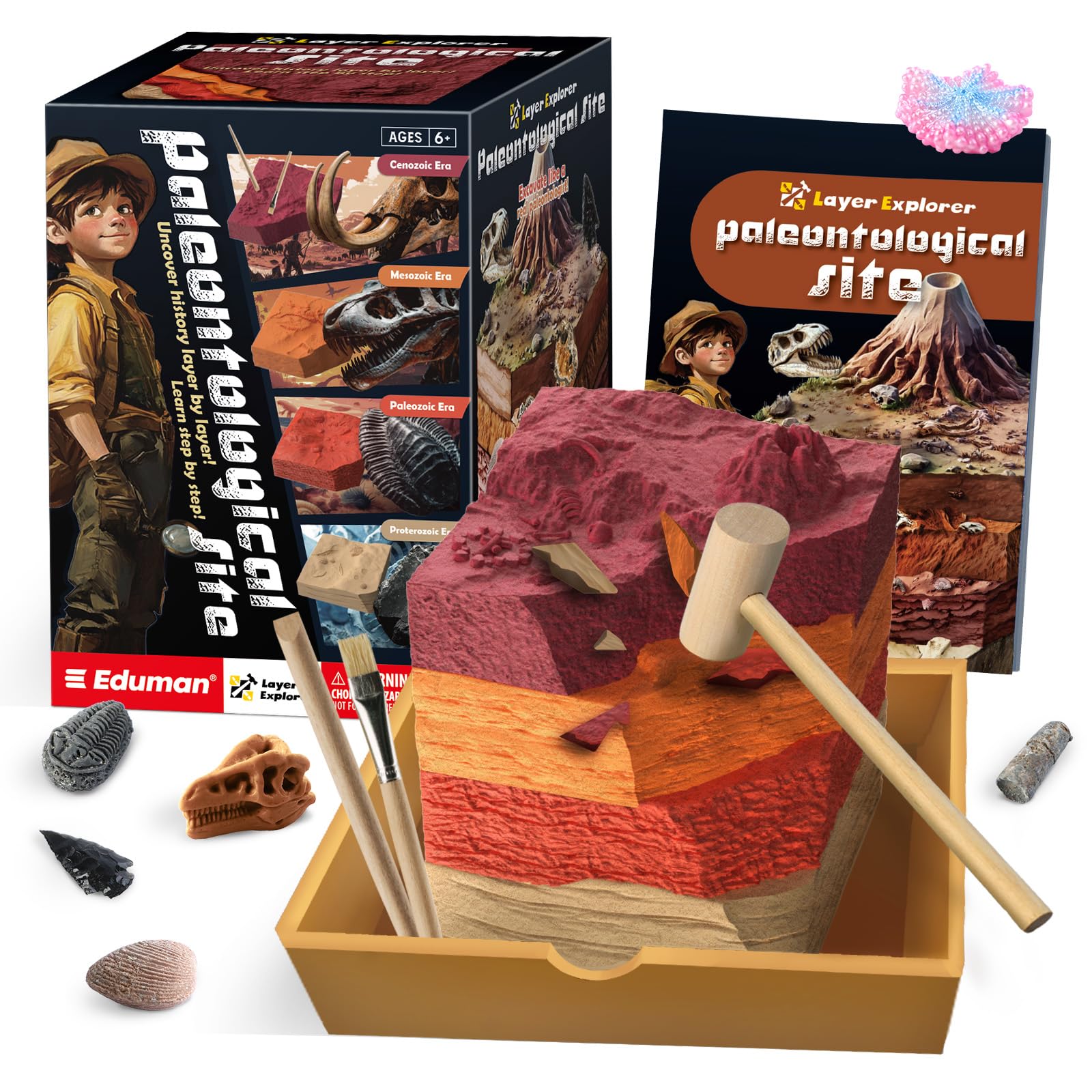 EDUMAN Paleontological Site Fossil Digging Kit for kids, Dig Up 4 Geological Eras with Dinosaur Fossil, Rock, Shell, Sealife, Kids Excavation Kit Educational Science Archeology Toy Gift for Boys Girls