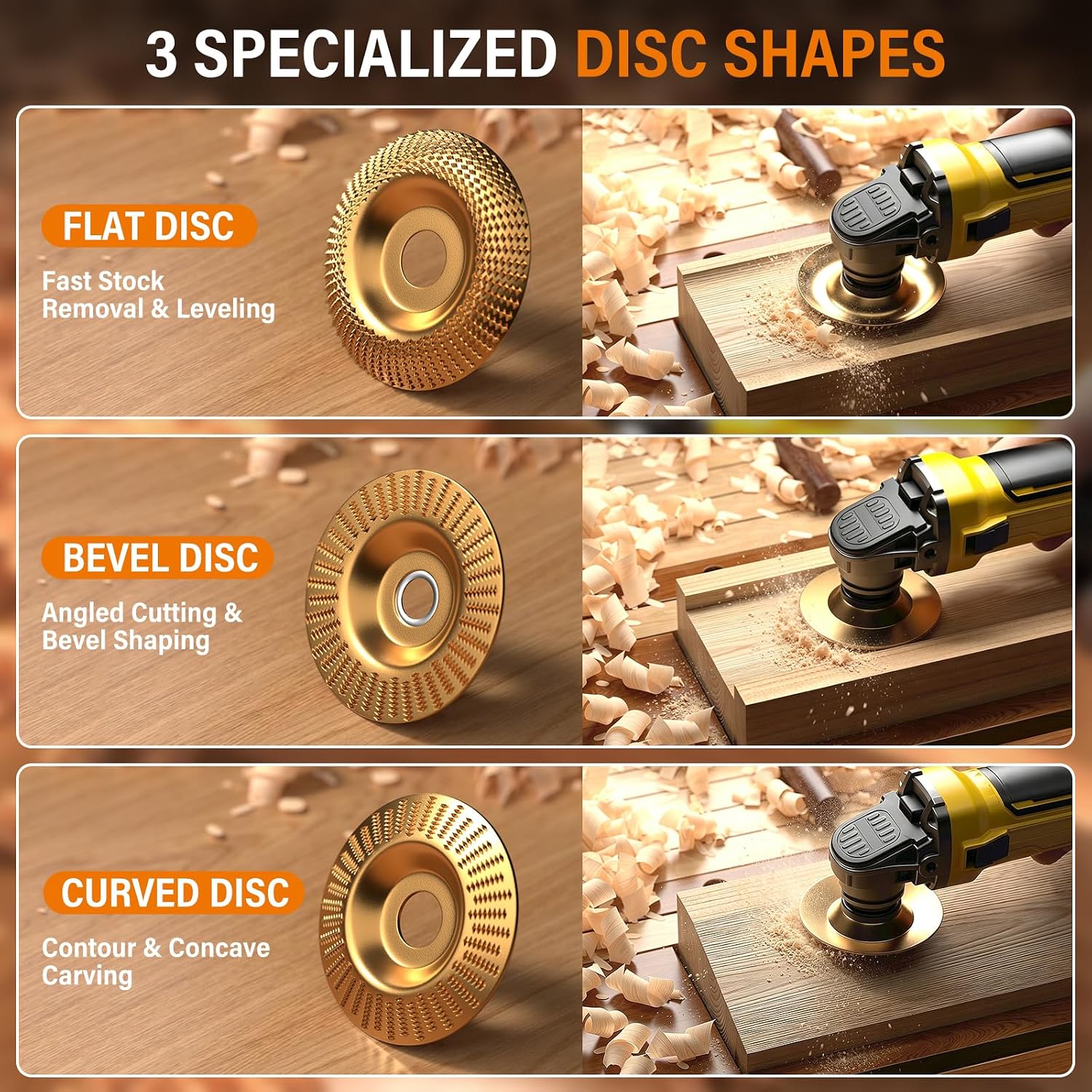 BURMONG 6PCS Wood Carving Disc Set for 4" & 4-1/2" Angle Grinder, Wood Shaping & Grinding Wheel Kit with Flat, Bevel & Curved Discs for Woodworking