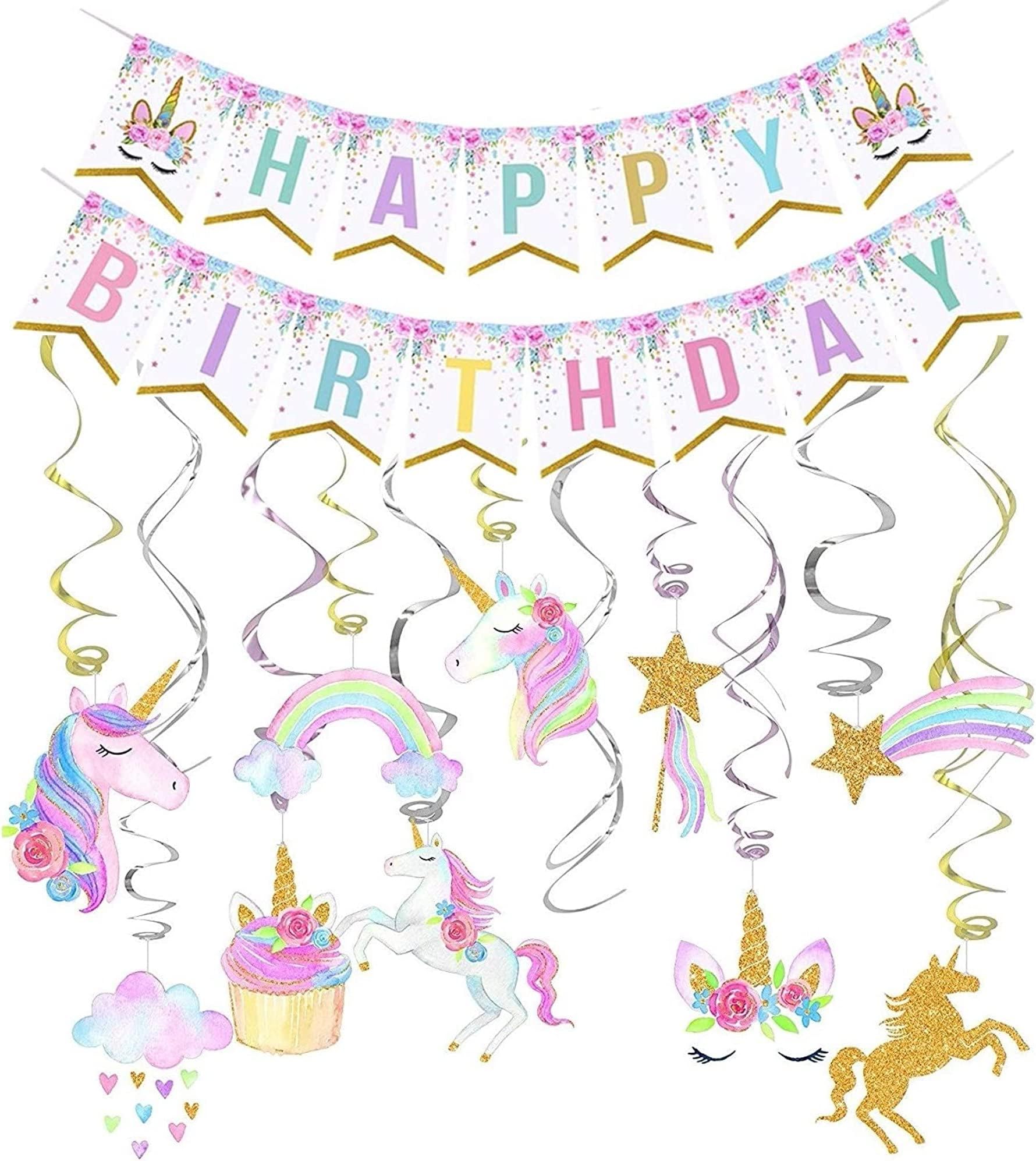 Unicorn Party Decorations - Unicorn Banner, Swirls & Favors for Girls' Birthday Celebration