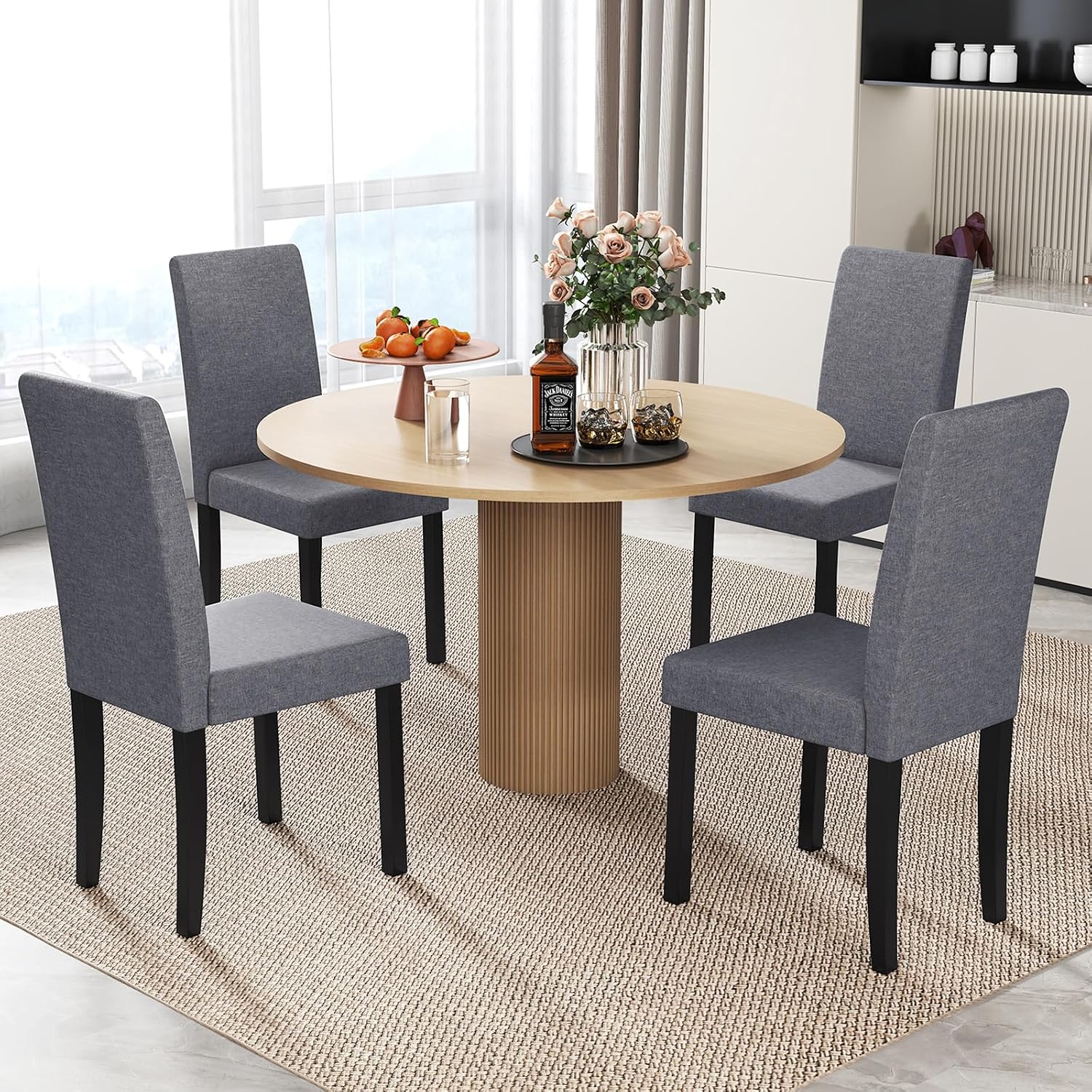 KOTEK Upholstered Dining Chair Set of 2, Mid-Century Modern Kitchen Chairs with Solid Rubber Wood Legs, High Backrest, Armless Side Chairs for Living Room, Dining Room (Dark Grey)