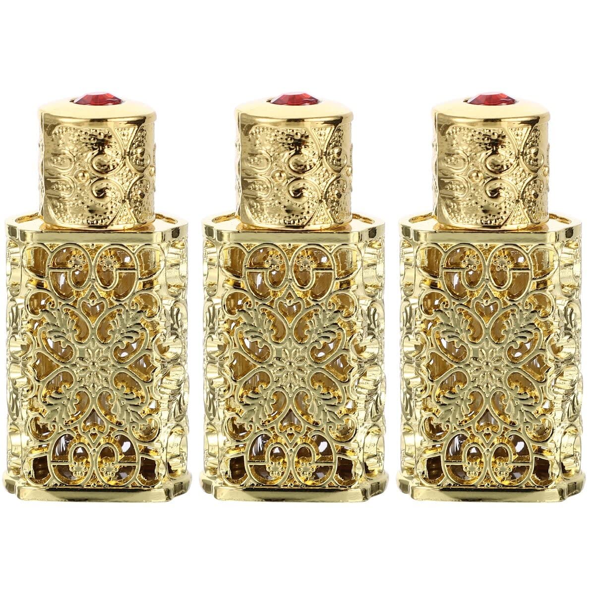 FRCOLOR Refillable Perfume Bottle 3Pcs Gold Arabian Perfume Oilvintage Essential Oil Bottles Empty 3ml Travel Perfume Bottle Fancy Retro Style For Essential Oils Hollow Design-image-0