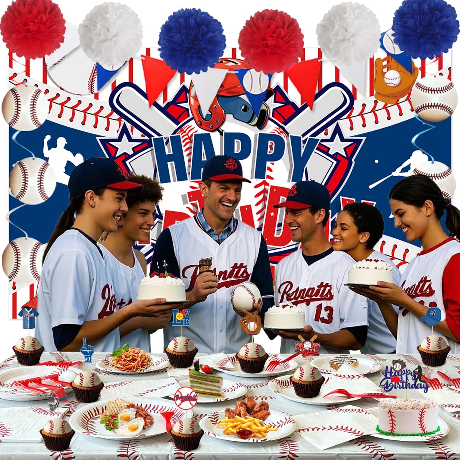 Baseball Birthday Party Decorations, Include Plates, Napkins, Hanging Swirls, Backdrop, Cake Toppers, Triangle Banner, Paper Pom Poms,Serve 16 - Image 5
