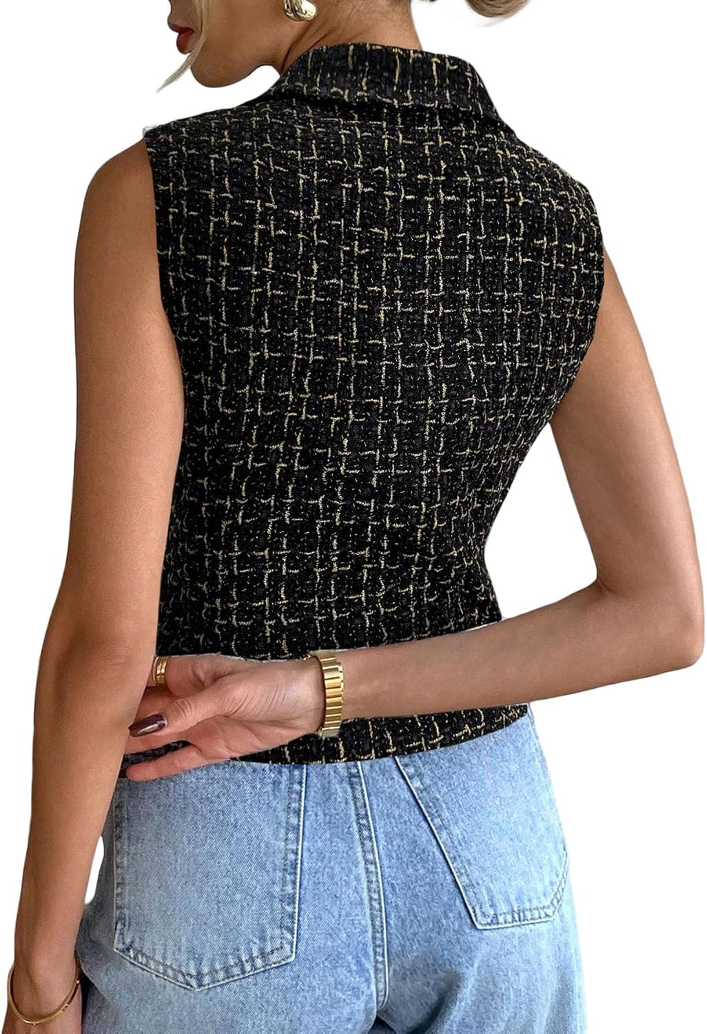 Mina Self 2025 Womens Tweed Plaid Vest Tops - Sleeveless Lightweight Crop Double Breasted Work Casual Jacket - Image 3