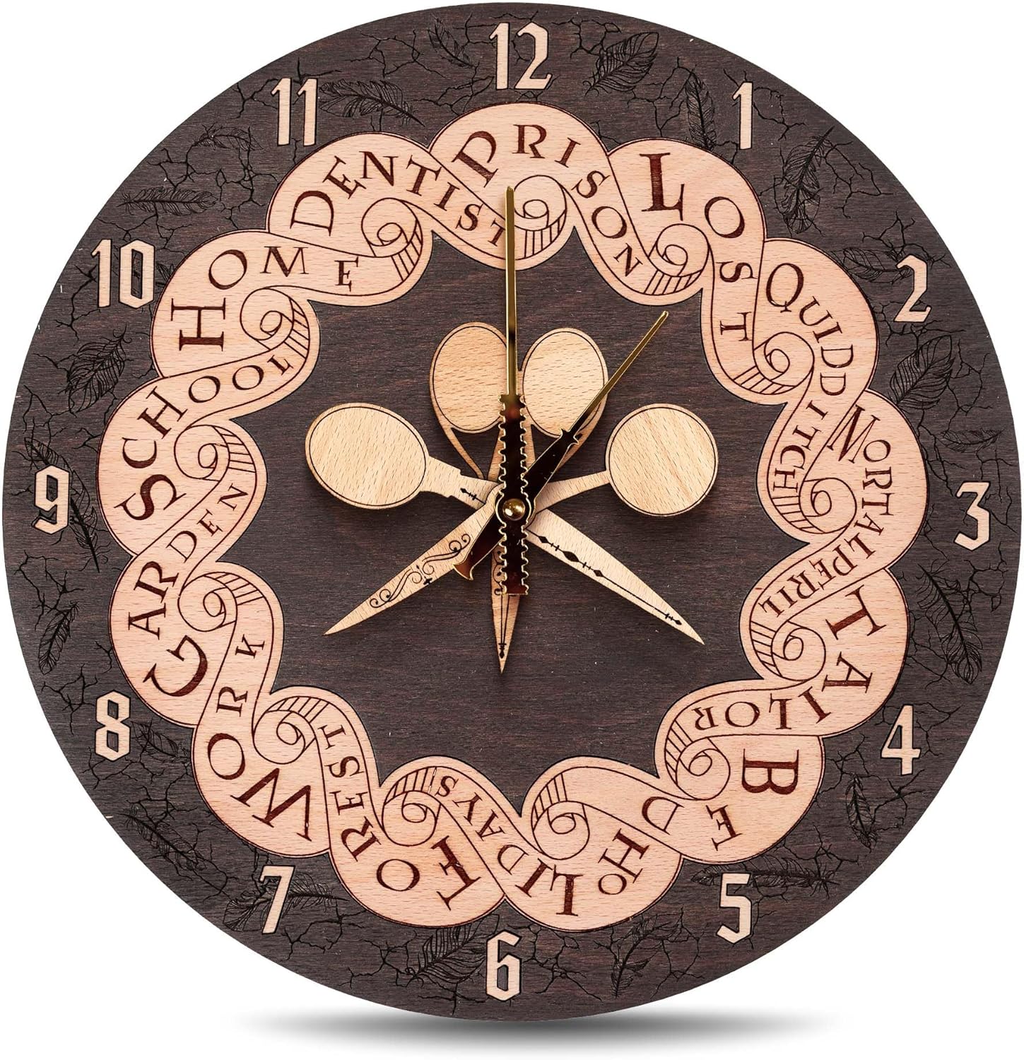 ZE WOOD Weasley Family Round Clock - Harry Potter 3D Wall Clock - Unique Dark Wooden Clock, Silent Large Modern Rustic Decorative Home Decor for Harry Potter Fans (4 spoons, M)