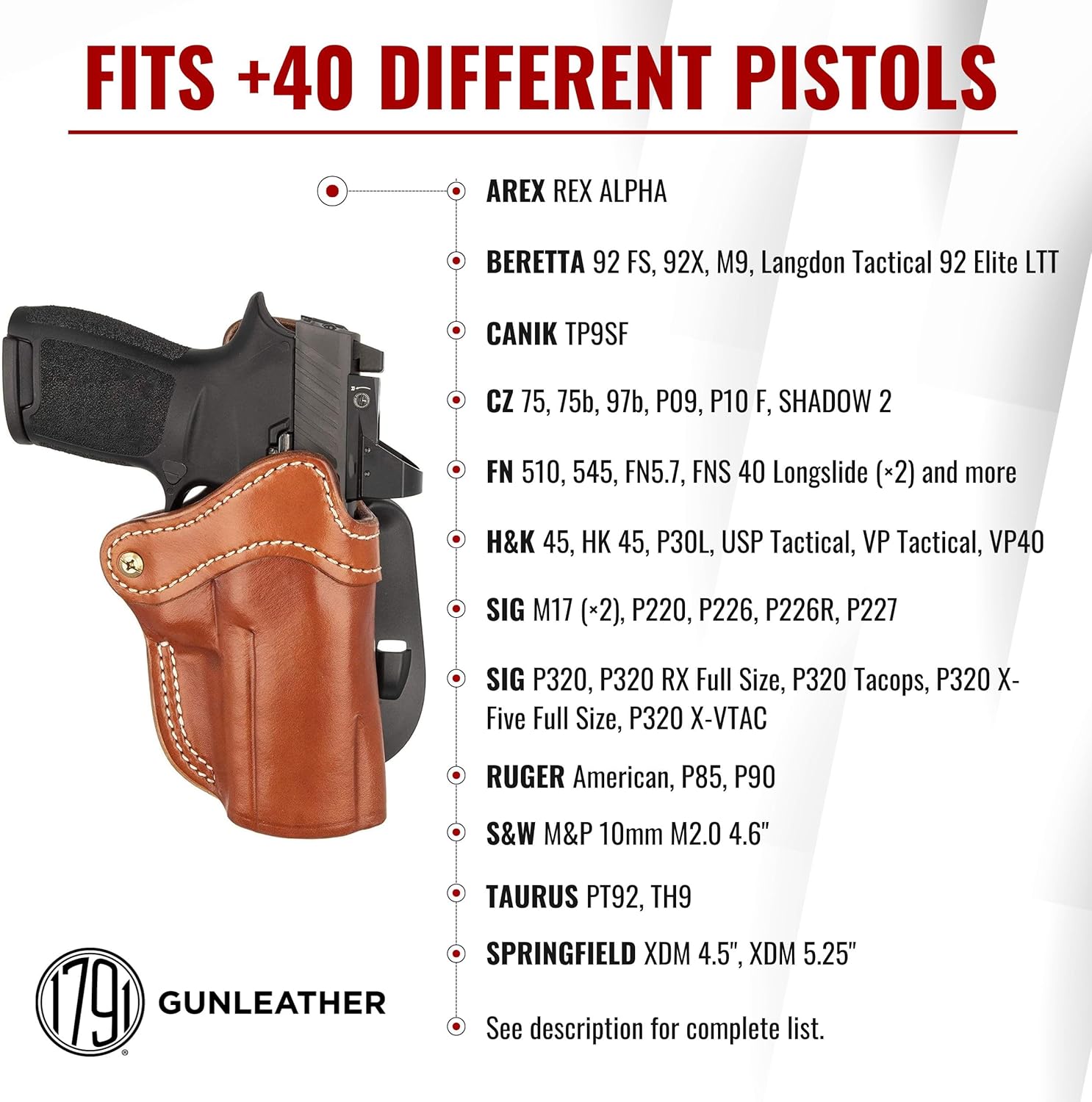 1791 GUNLEATHER P320 Paddle Holster - Optic Ready OWB CCW Leather Gun Holster for Belts - Right Handed - fits G43 Sig SP2022, P227, H&K VP40, P30L