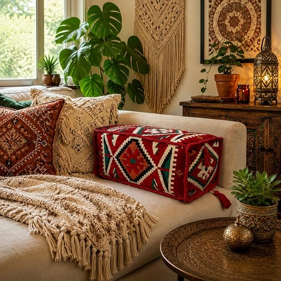 Decorative Rectangle Moroccan Style Kilim Bolster Case With Tassels - Bohemian Armrest Pillow Case - Unstuffed (Anatolia Red)