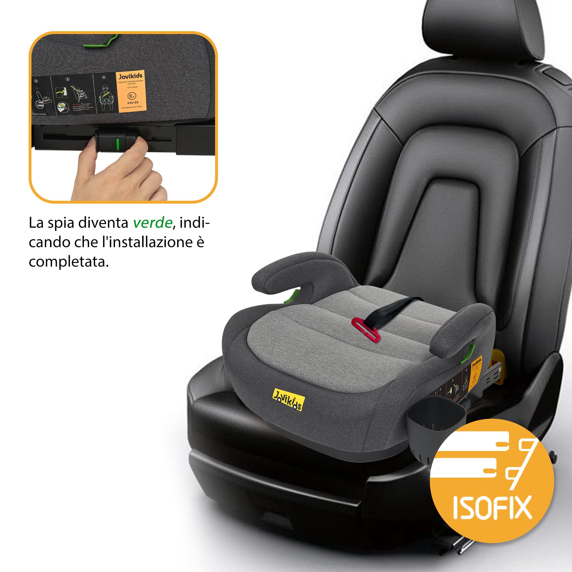 Jovikids Rialzo Auto per Bambini ISOFIX 125-150cm ECE R129, Alzatina Auto Bimbi 15-36 kg, Seggiolino Auto da 6 a 12 Anni con portabicchiere - Nero