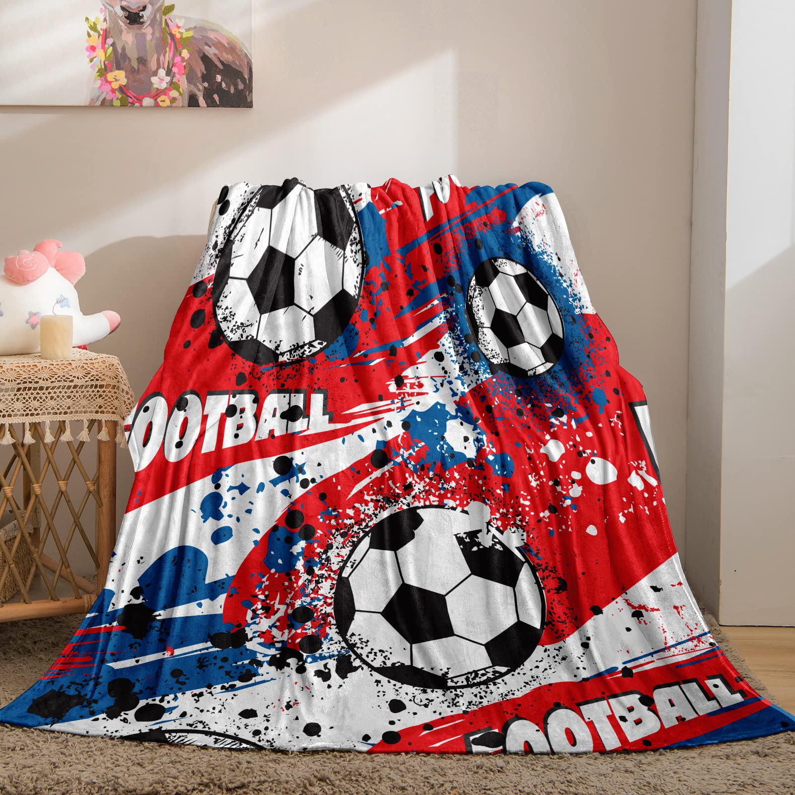 YUANZU Sport Blanket Throw, Kids Abstract Football Championship with Ball Players Print Pattern Soft Cozy Flannel Blanket, Warm Lightweight Plush Throw Couch Sofa Bed Cover, Gifts for Boys 60x80 inch