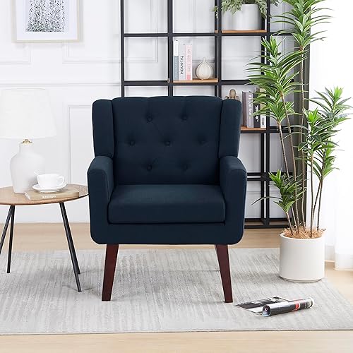 Miniatura 33 de Living&Giving Silla decorativa tapizada con botones, cómoda lectura, moderna de mediados de siglo, con brazo de sala de estar de tela de lino para