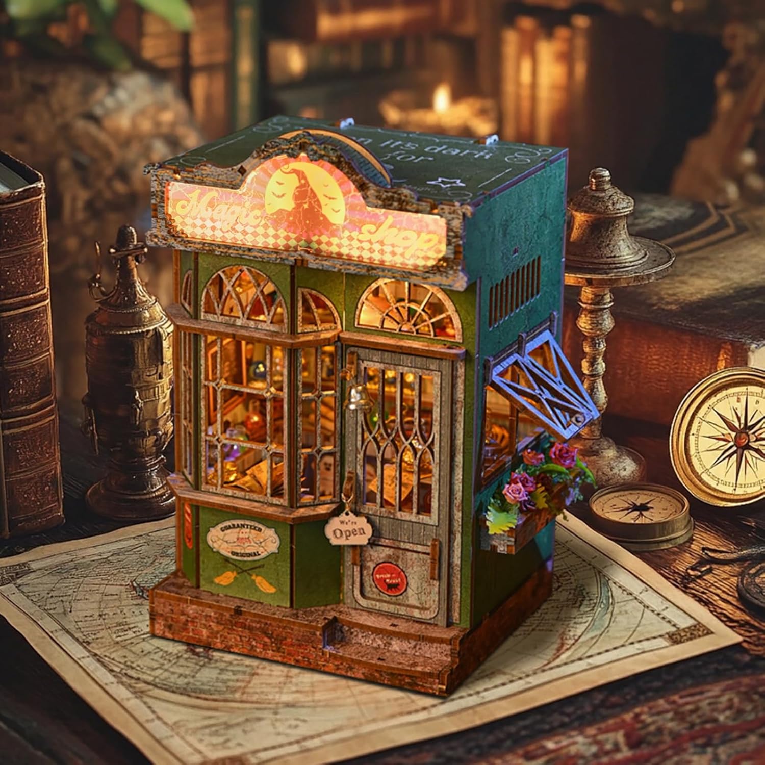 DIY Book Nook Kit, Miniature Bookshelf Decor with LED Lights, Laser-Cut Wooden Craft Set for Adults, Creative Gift for Christmas, Birthday, Magic Shop