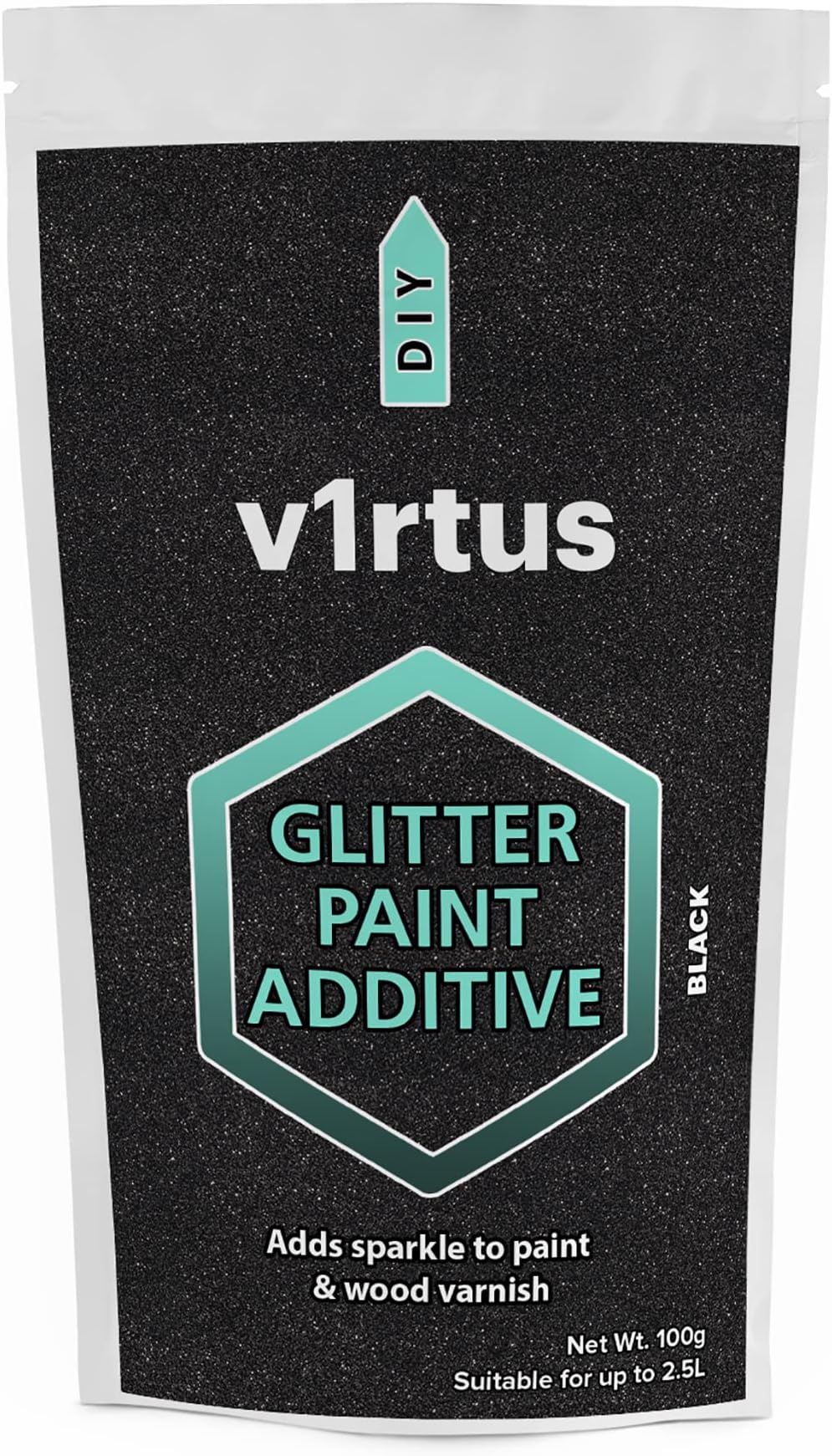 v1rtus Black Glitter Paint Crystal Additive 100g for Emulsion Paint - for use with Interior/Exterior Wall, Ceiling, Wood, Metal, Varnish, Dead Flat, Matt, Soft Sheen or Silk Paints