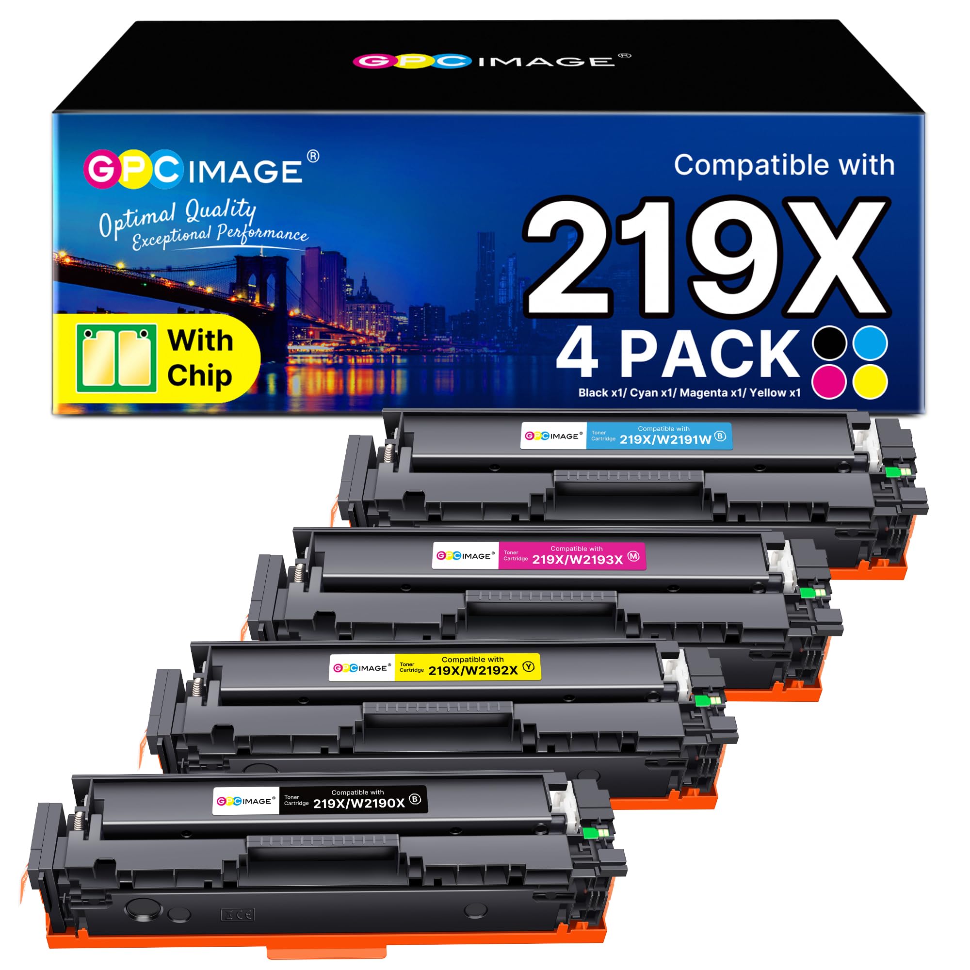 GPC Image 219X Con Chip Toner Compatibili per HP 219X 219A per Color LaserJet Pro MFP 3302FDW 3302FDWG 3302SDWG 3302SDW 3302FDN 3302FDNG 3202DN 3202DW W2190X (Nero Ciano Giallo Magenta, 4-Pack)