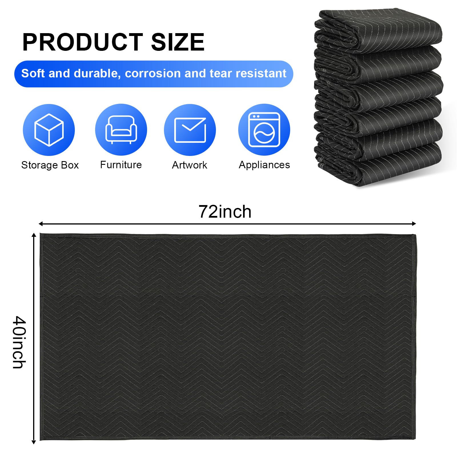 AKOZLIN 72 x 40 pollici, set da 6 pezzi, imbottiti, resistenti e di qualità, quilted Wrapping Furniture Moving Pad per Shipping Supplies Secure Protecting, nero
